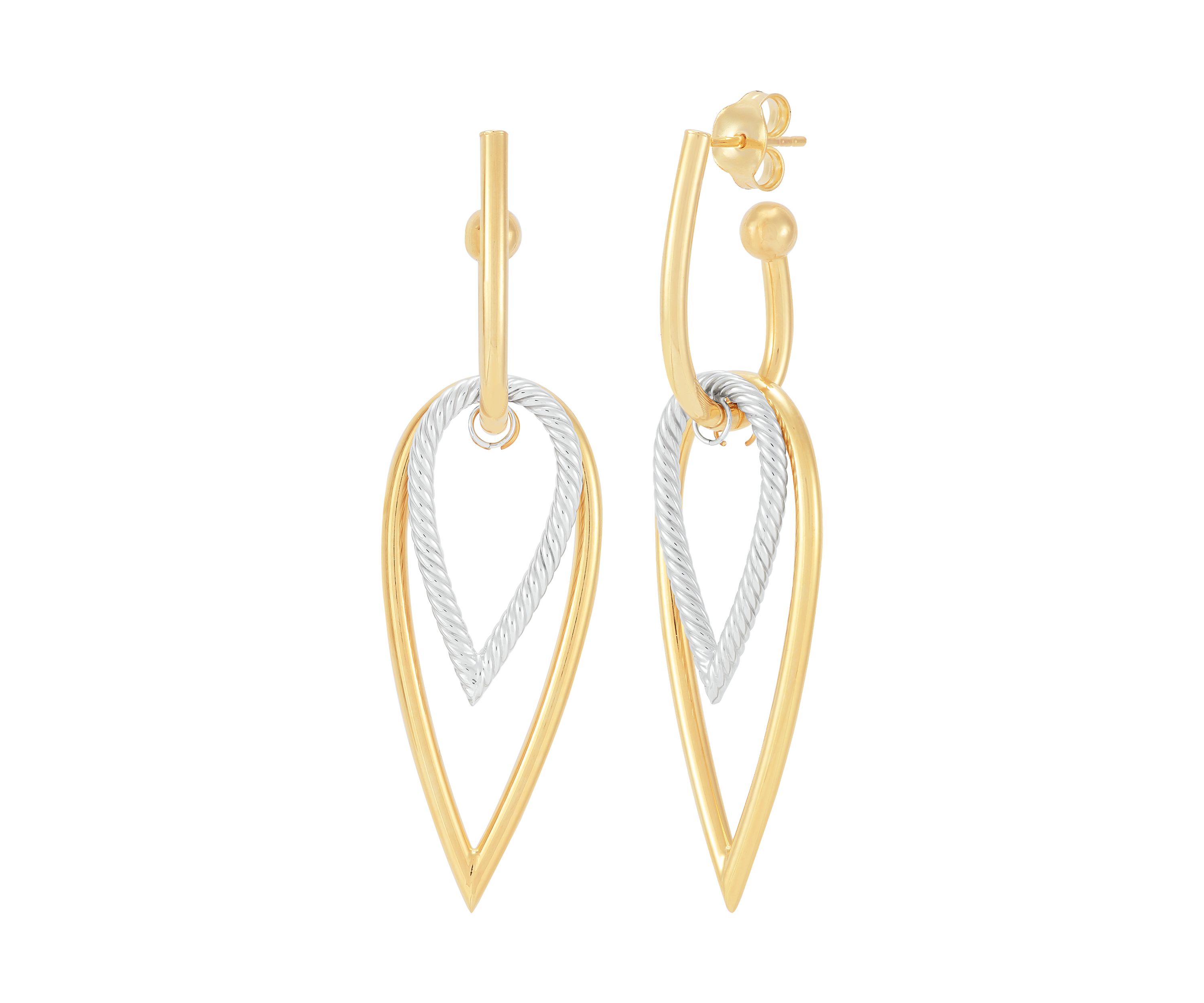 Double Graduated Teardrop Dangle 3/4 Hoop Earrings in 10K Yellow and White Gold