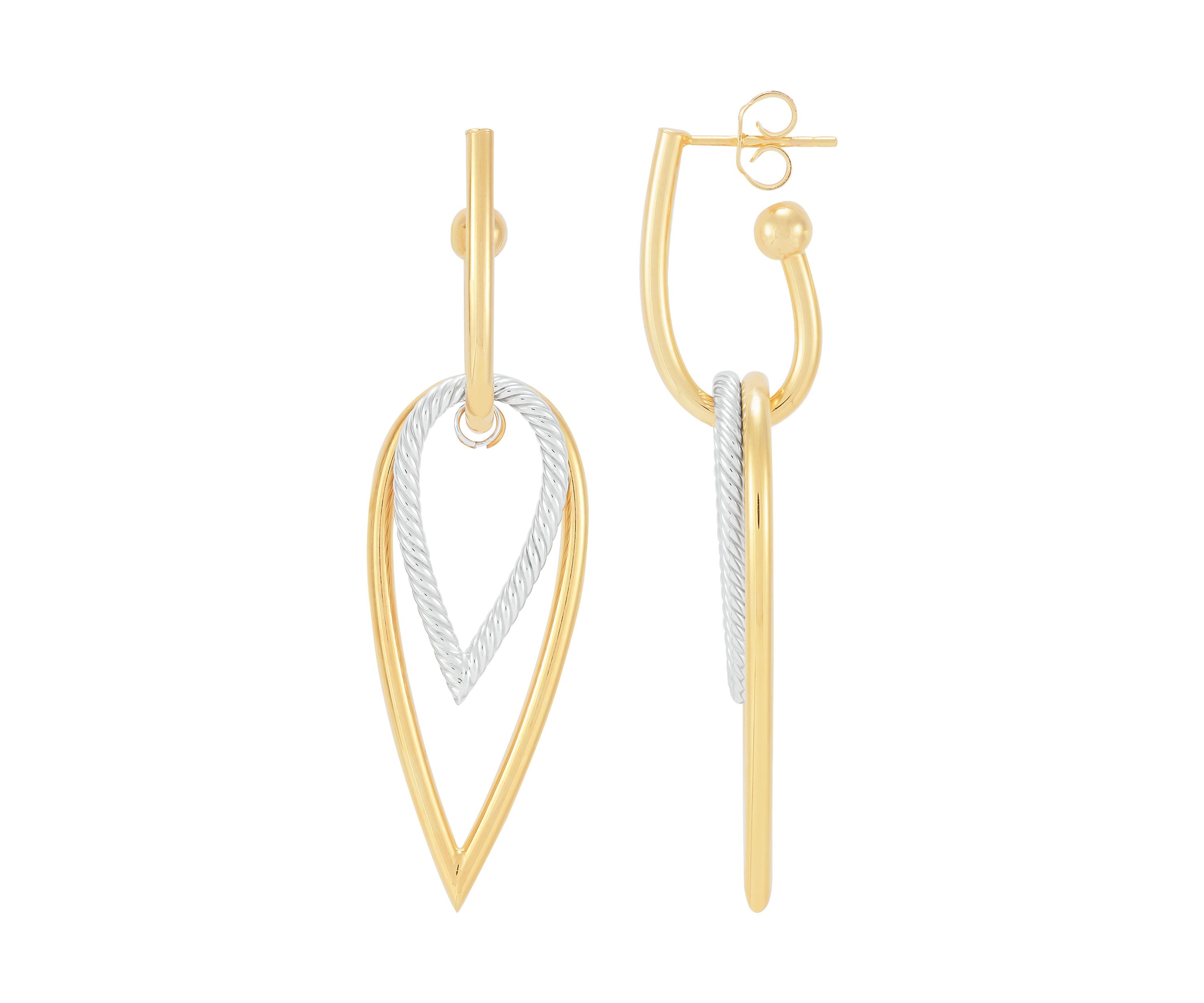 Double Graduated Teardrop Dangle 3/4 Hoop Earrings in 10K Yellow and White Gold