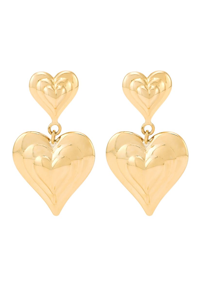 Double Heart Dangle Earrings in 10K Yellow Gold