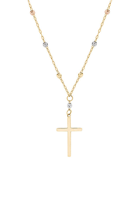 Cross Bead Chain Necklace in 10k Tri-Tone