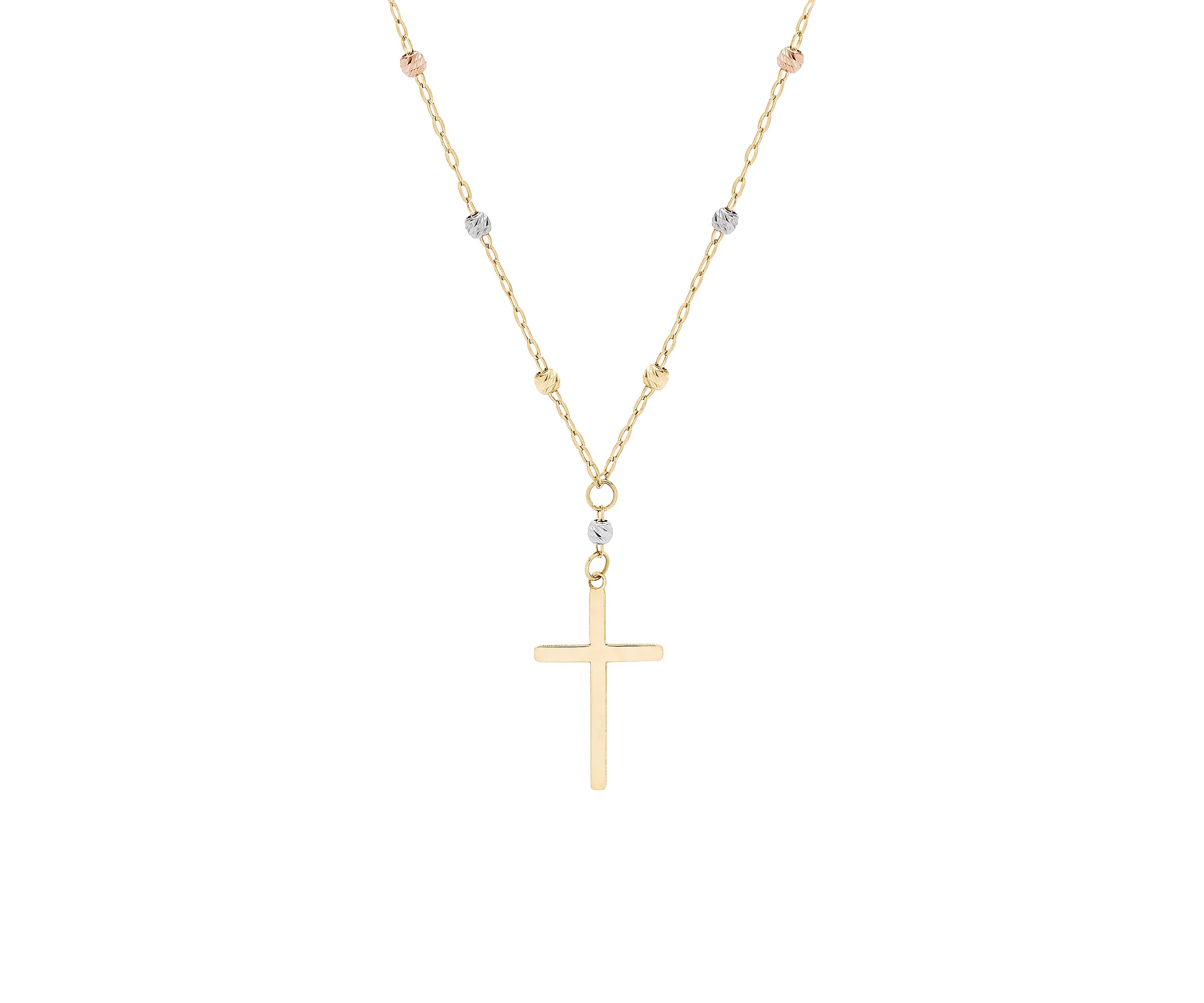 Cross Bead Chain Necklace in 10k Tri-Tone