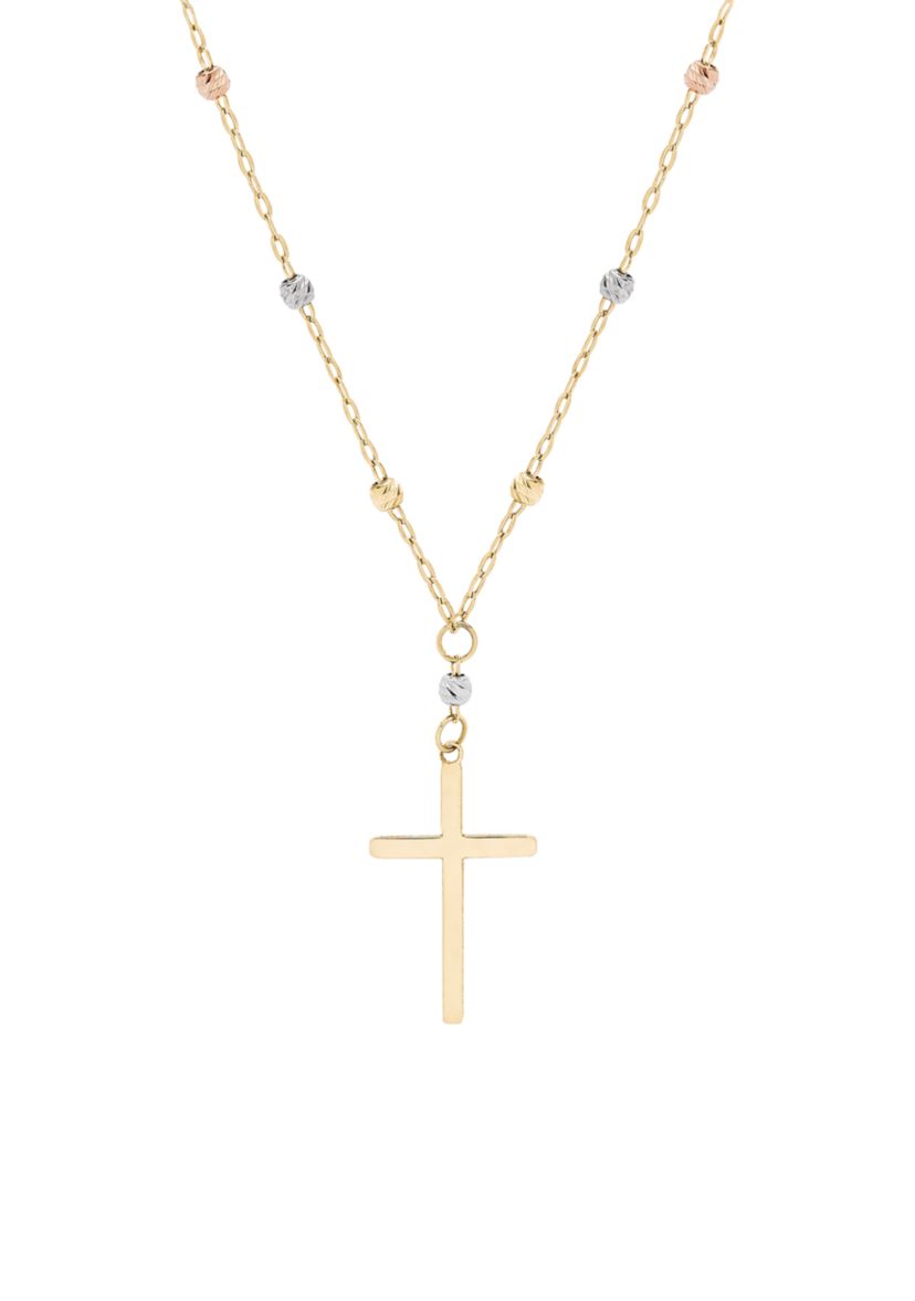 Cross Bead Chain Necklace in 10k Tri-Tone