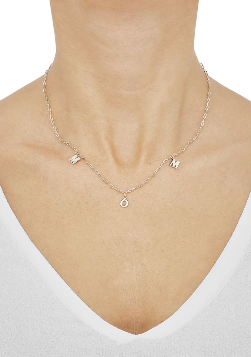 Dangle Slanted Mom Station Necklace in 10K Yellow Gold