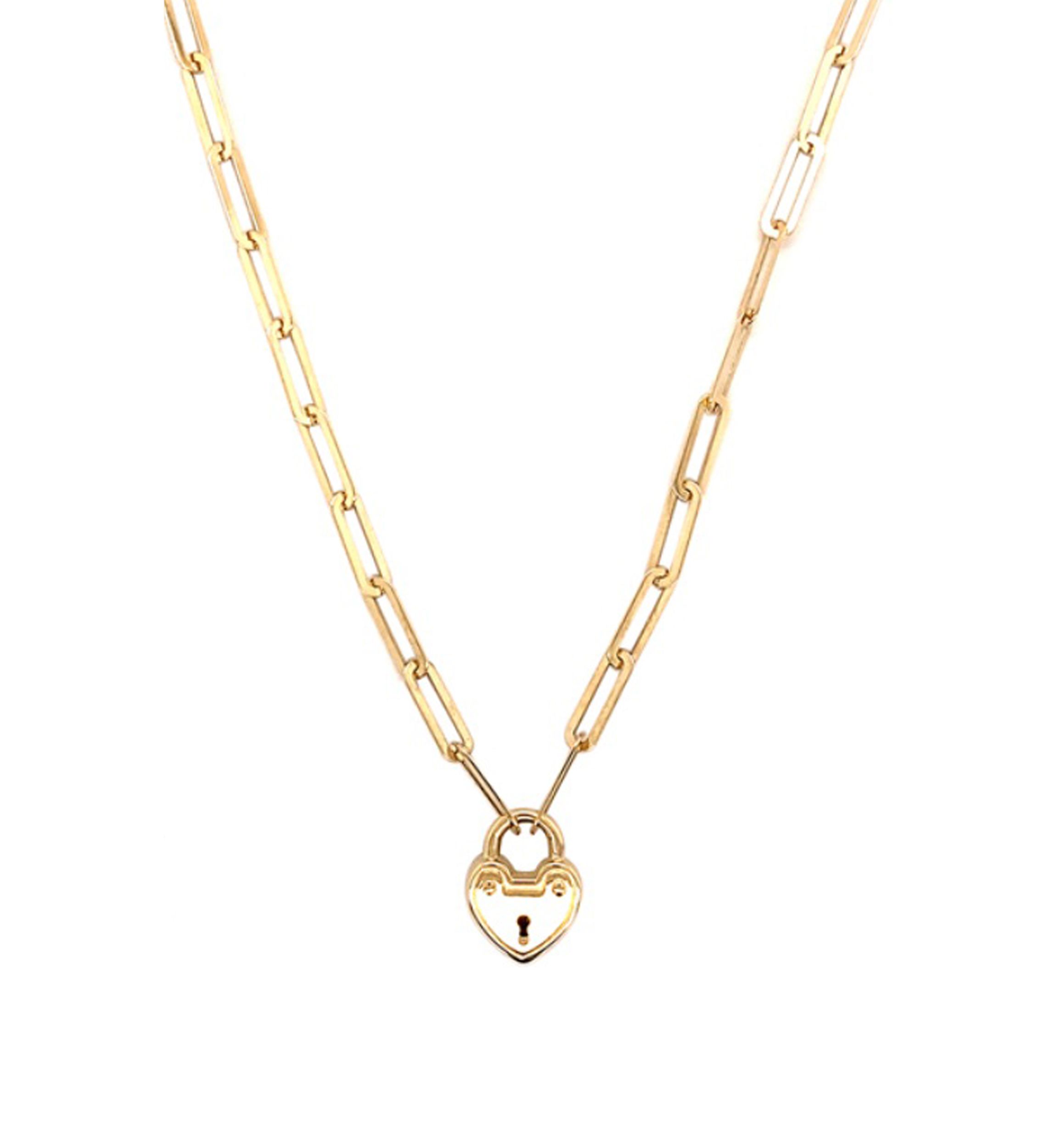 Heart Lock on Paperclip Chain Necklace in 10K Yellow Gold