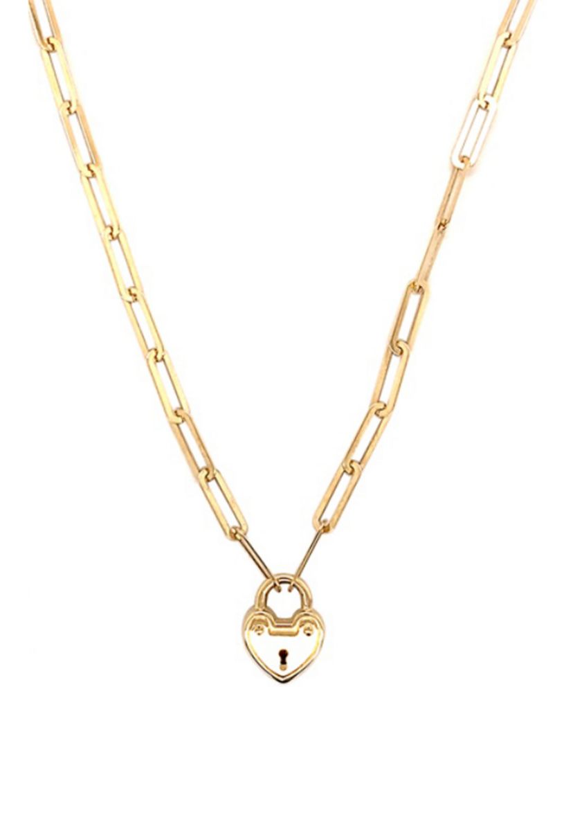 Heart Lock on Paperclip Chain Necklace in 10K Yellow Gold
