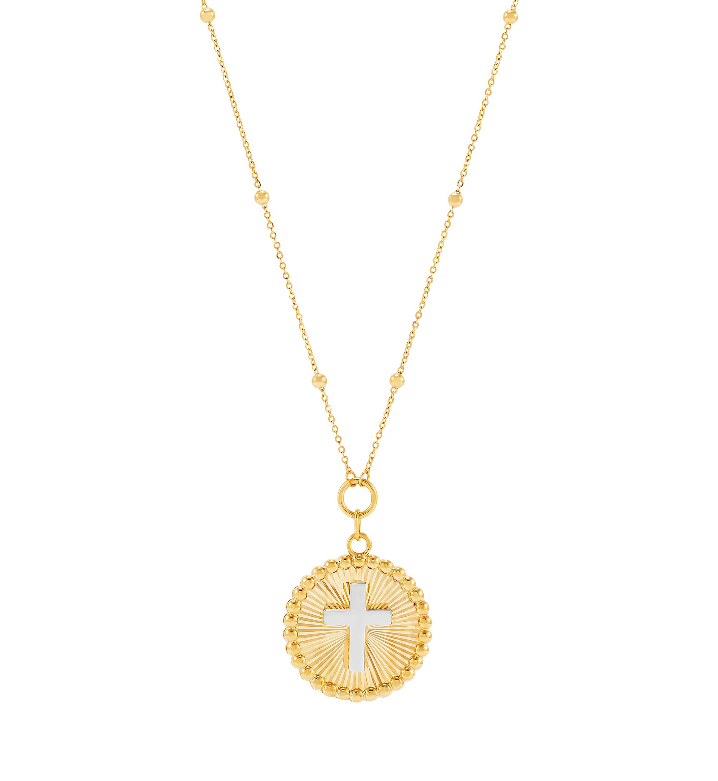 Sunburst Disk Cross Pendant Necklace with 18" Cable Chain in 10K Yellow and White Gold