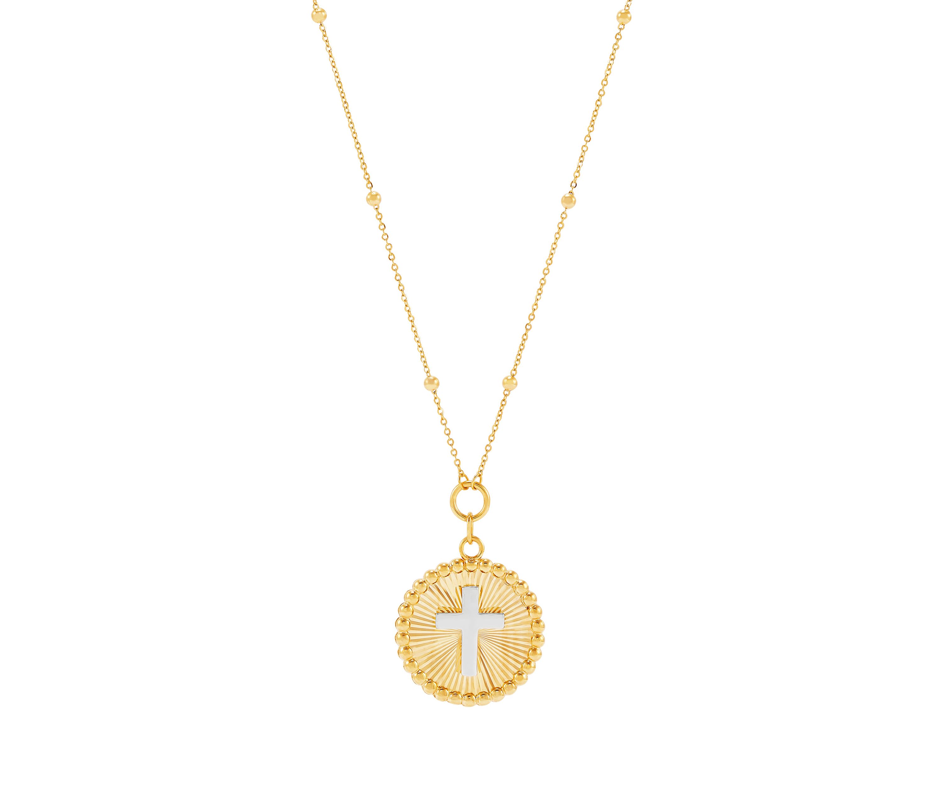 Sunburst Disk Cross Pendant Necklace with 18" Cable Chain in 10K Yellow and White Gold