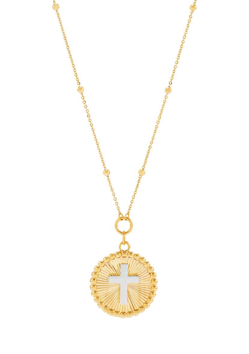 Sunburst Disk Cross Pendant Necklace with 18" Cable Chain in 10K Yellow and White Gold