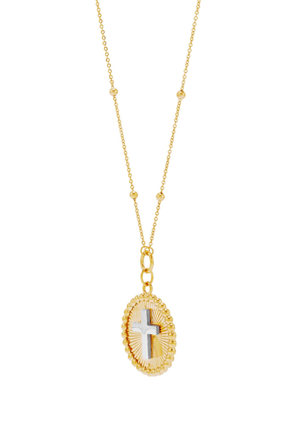 Sunburst Disk Cross Pendant Necklace with 18" Cable Chain in 10K Yellow and White Gold