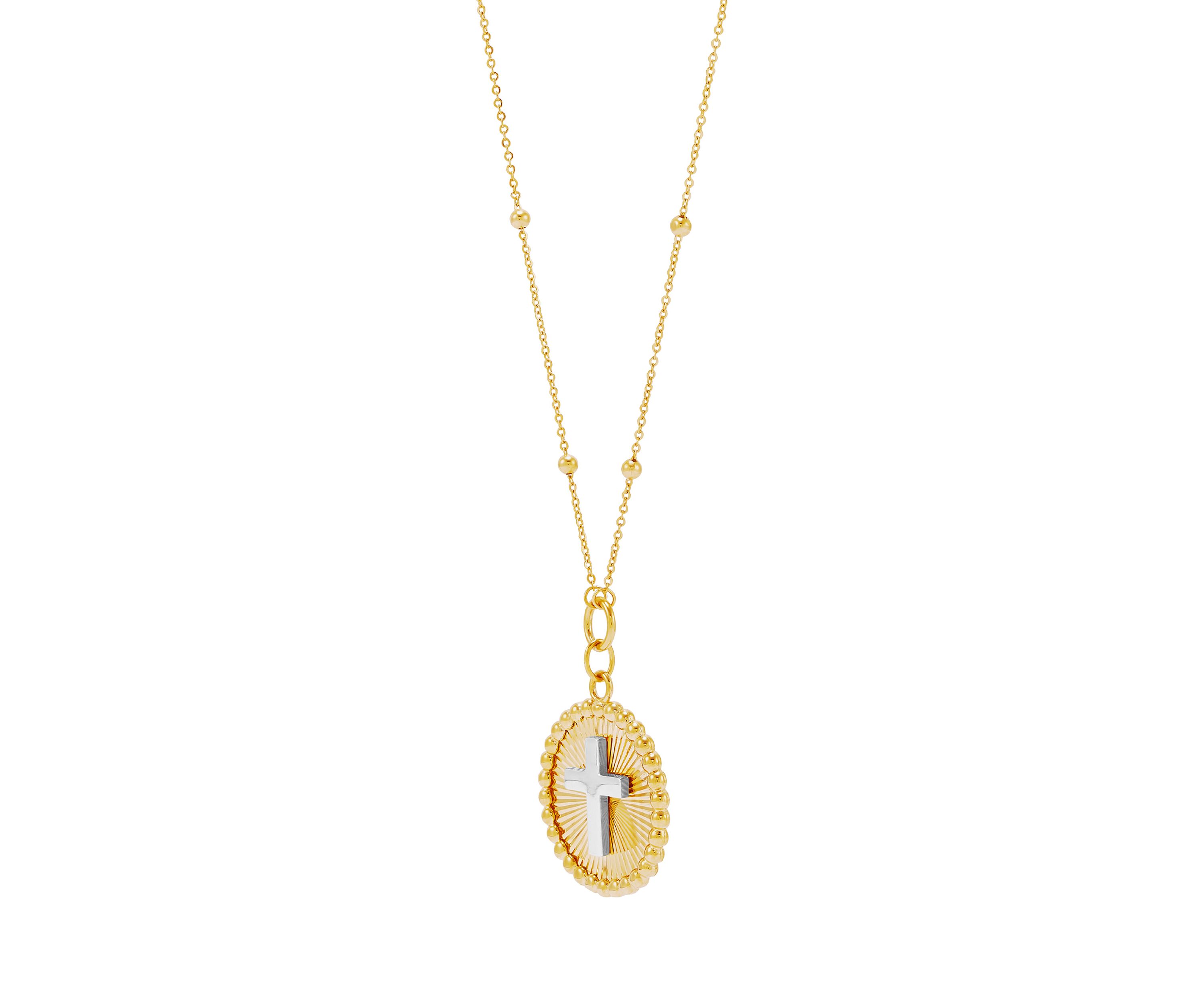 Sunburst Disk Cross Pendant Necklace with 18" Cable Chain in 10K Yellow and White Gold
