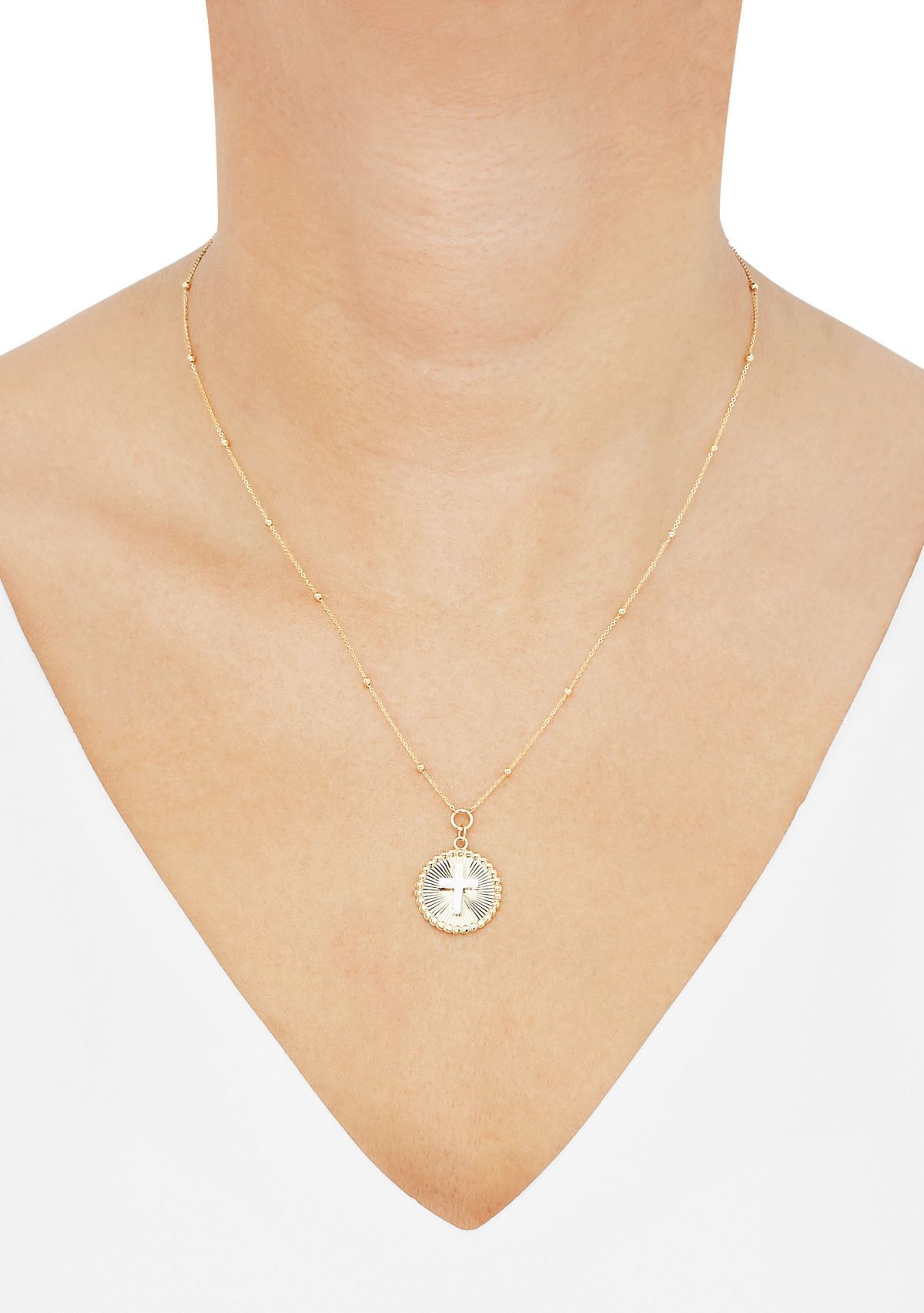 Sunburst Disk Cross Pendant Necklace with 18" Cable Chain in 10K Yellow and White Gold