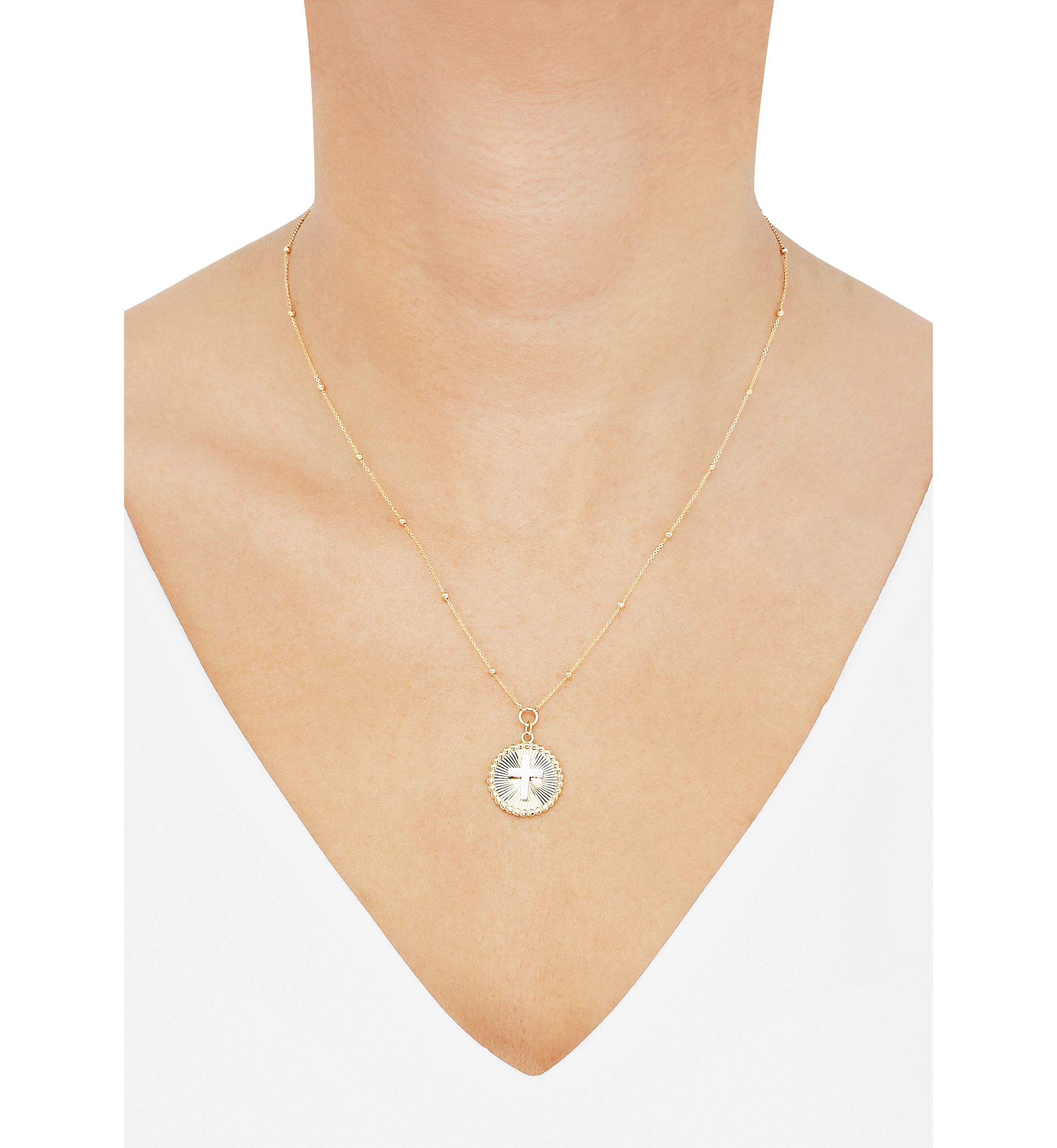 Sunburst Disk Cross Pendant Necklace with 18" Cable Chain in 10K Yellow and White Gold