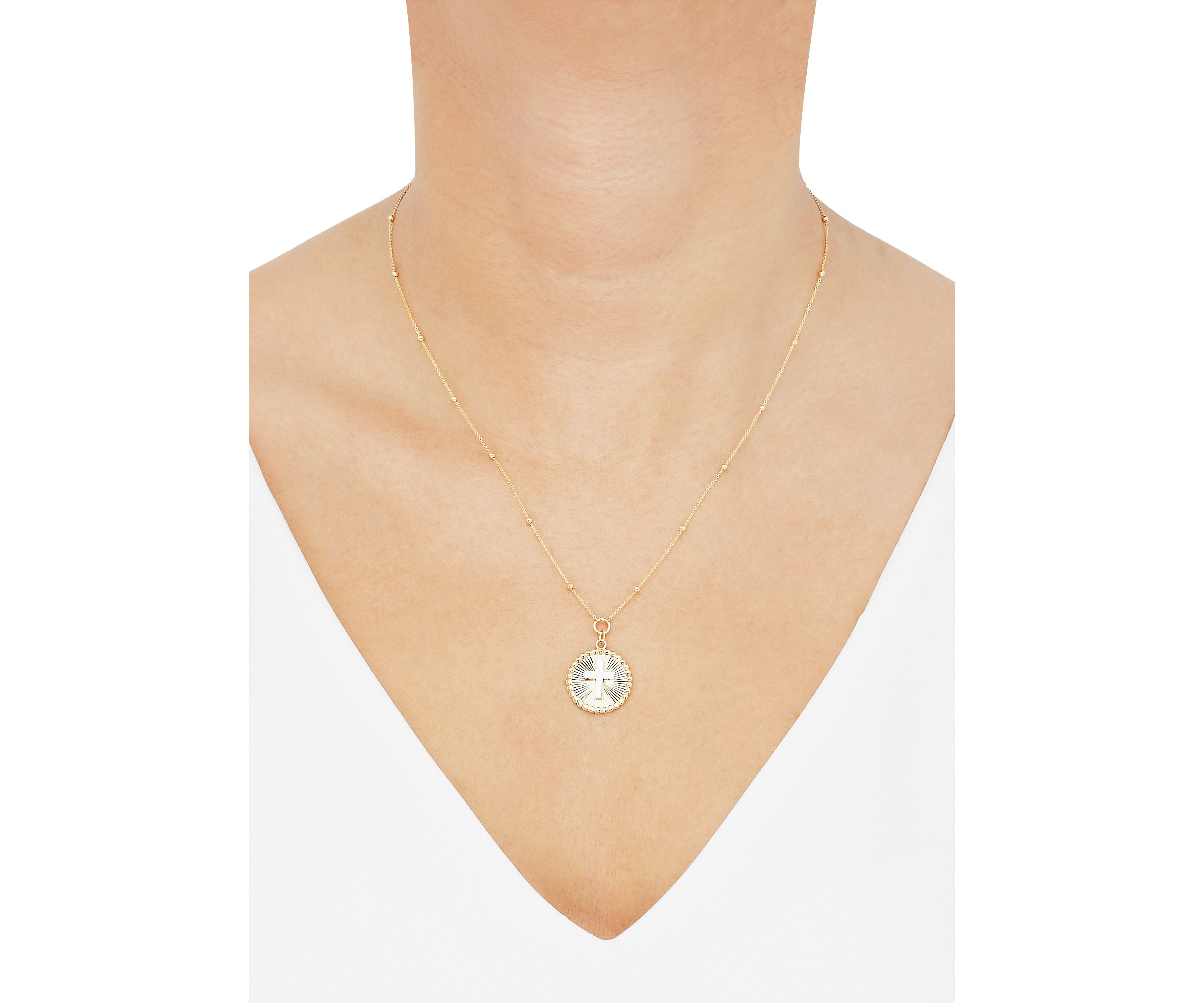 Sunburst Disk Cross Pendant Necklace with 18" Cable Chain in 10K Yellow and White Gold