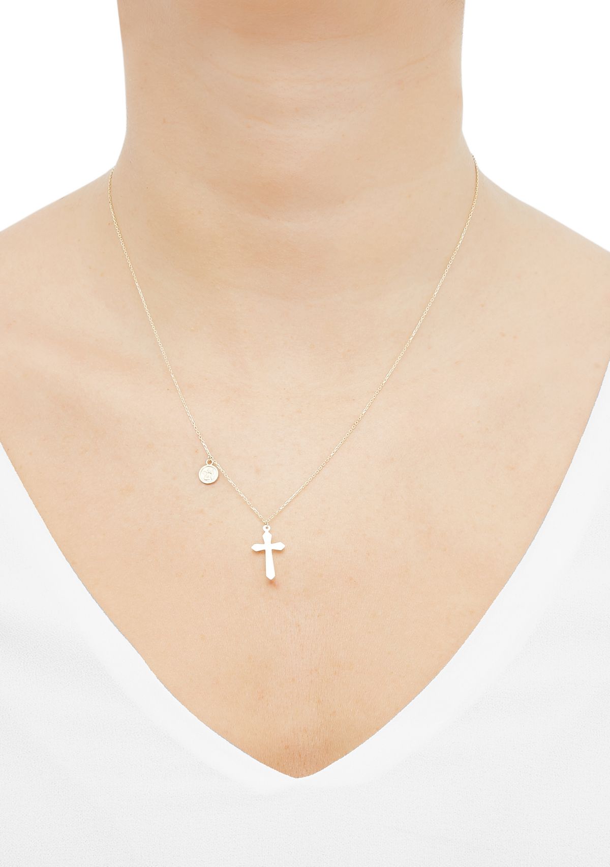 Cross and Disk Dangle Necklace in 10K Yellow Gold