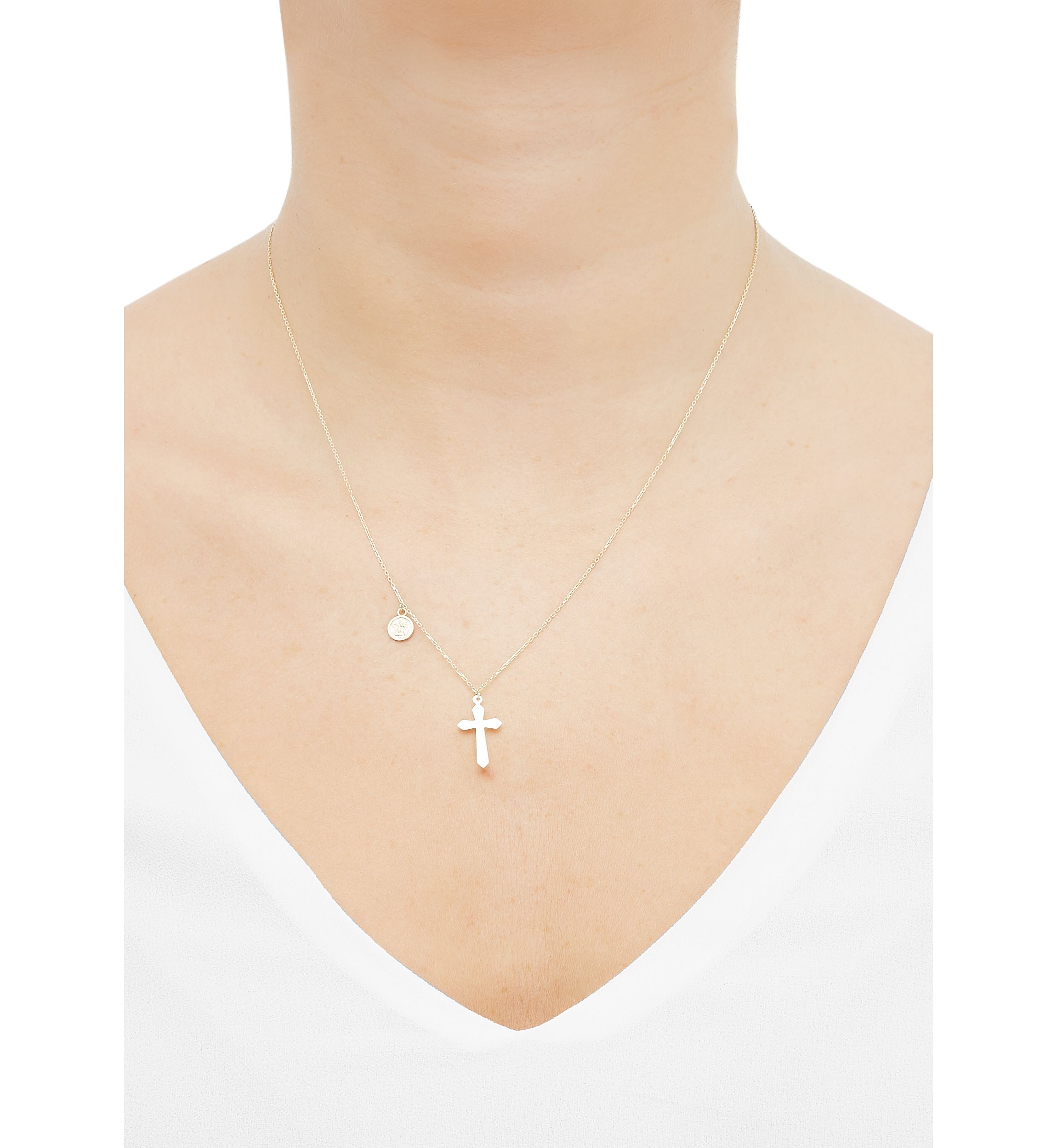 Cross and Disk Dangle Necklace in 10K Yellow Gold