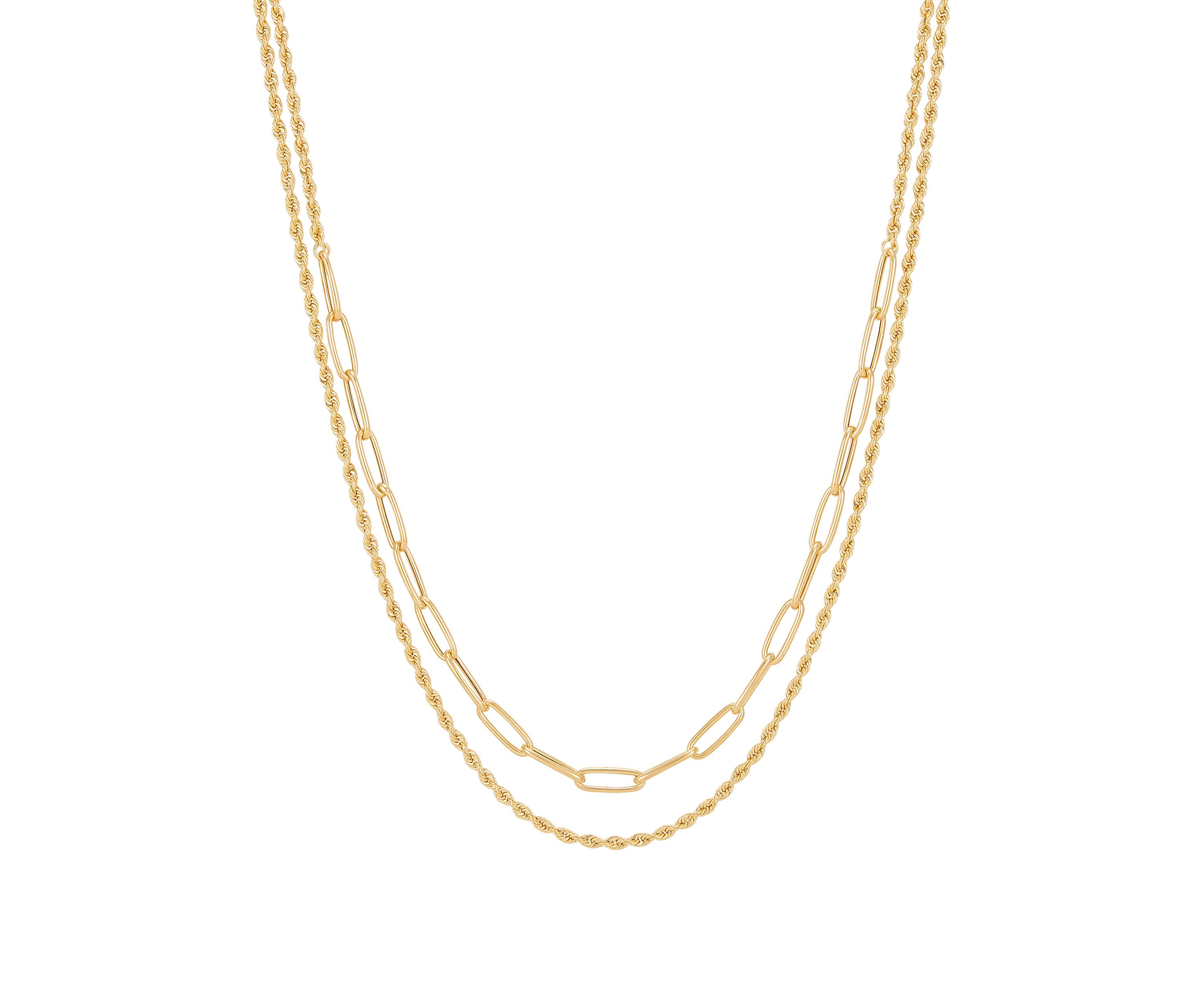 Layered Hollow Rope and Paperclip Necklace in 10K Yellow Gold