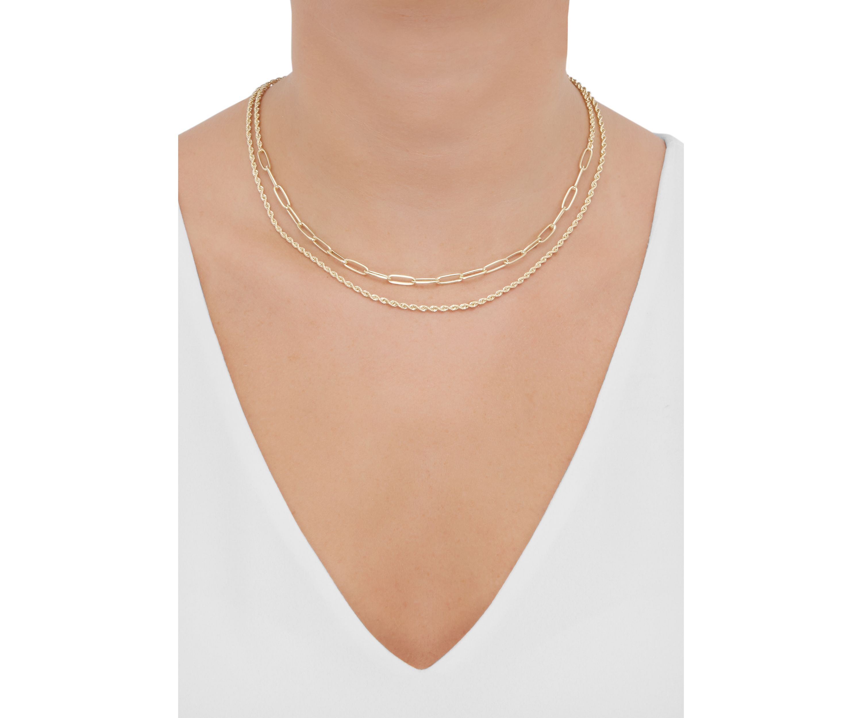 Layered Hollow Rope and Paperclip Necklace in 10K Yellow Gold