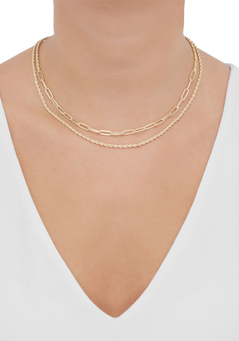 Layered Hollow Rope and Paperclip Necklace in 10K Yellow Gold