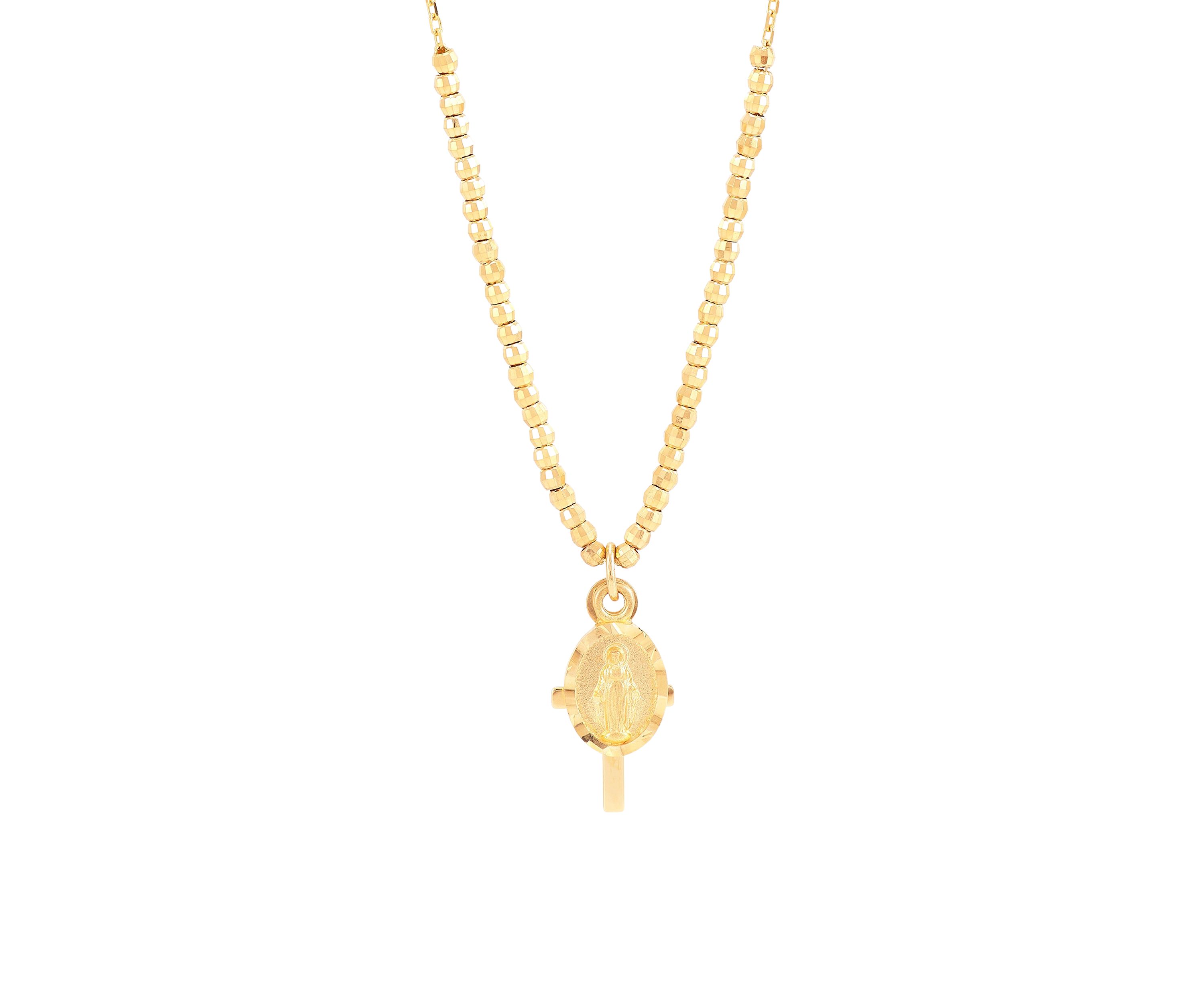 Virgin Mary and Cross and Beads Necklace in in 10K Yellow Gold