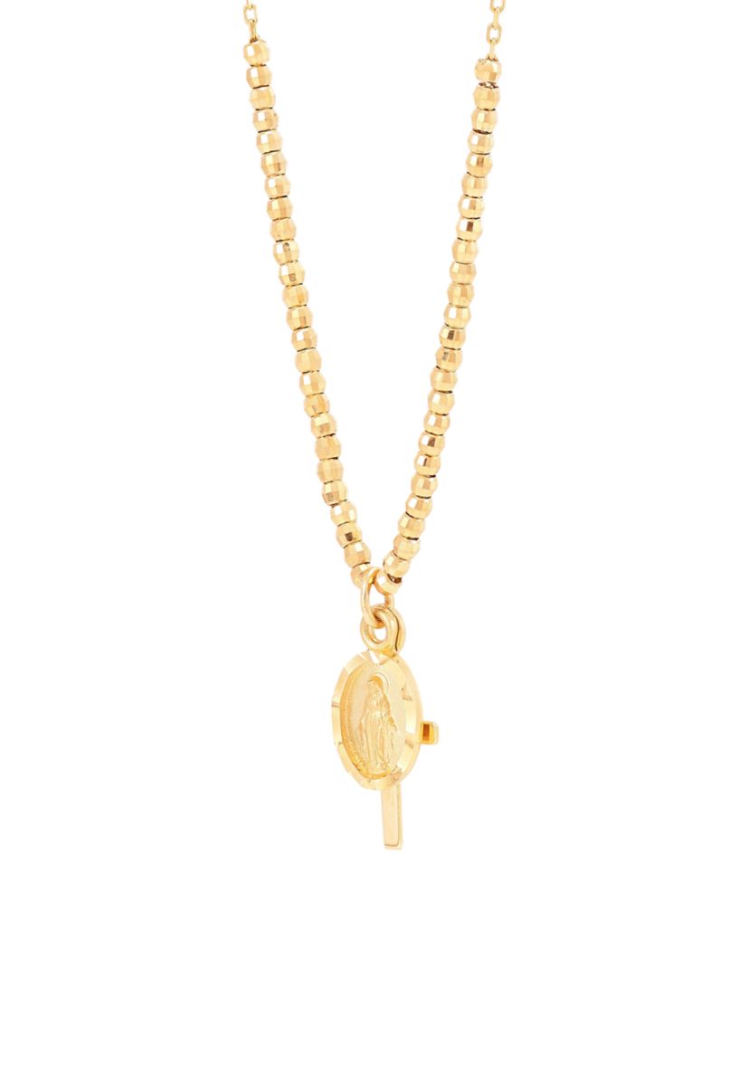 Virgin Mary and Cross and Beads Necklace in in 10K Yellow Gold