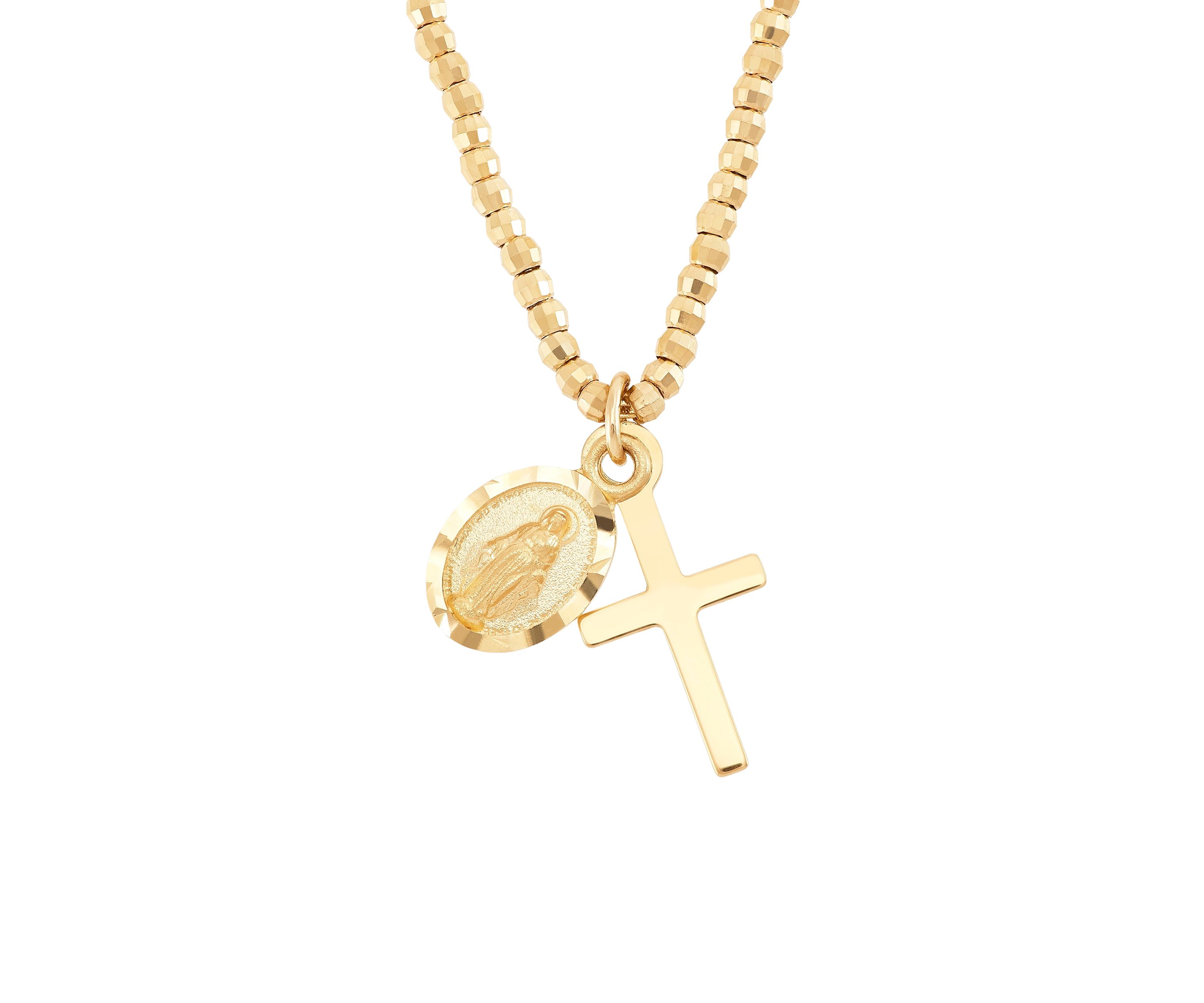 Virgin Mary and Cross and Beads Necklace in in 10K Yellow Gold