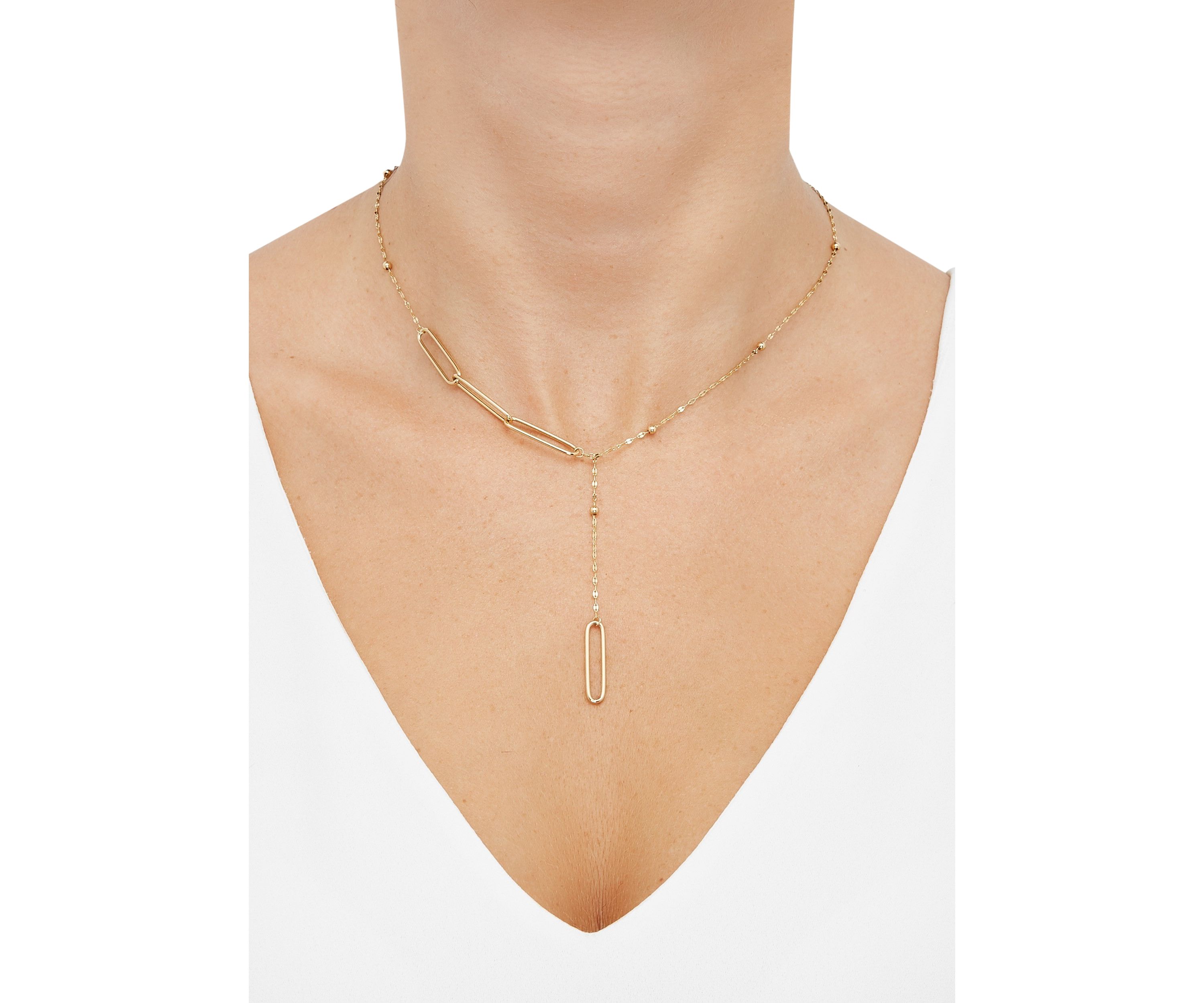 Lariat Fancy Paperclip Drop Neckalce in 10K Yellow Gold
