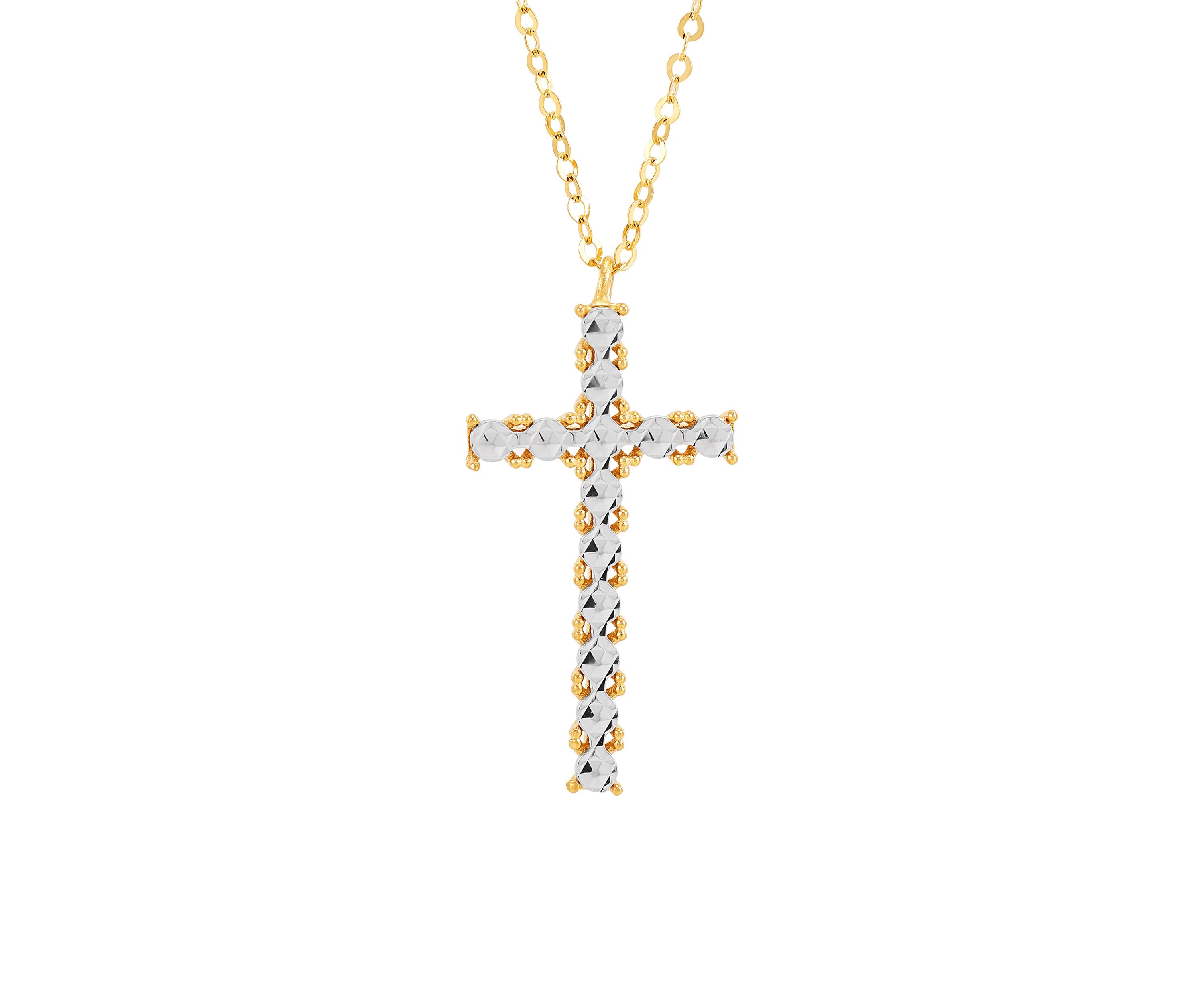 Cross Pendant Rolo Chain Necklace in 10K Yellow and White Gold
