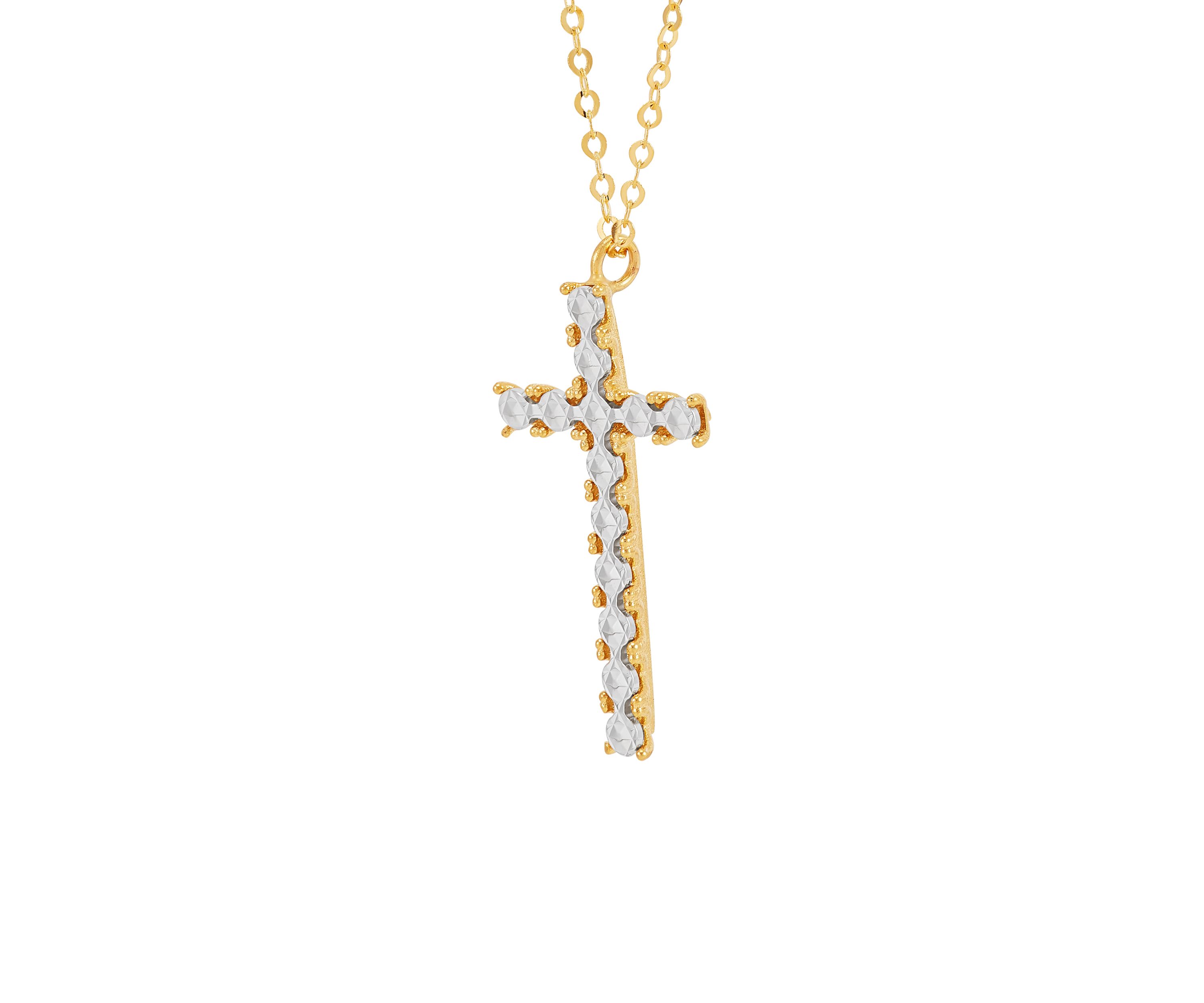 Cross Pendant Rolo Chain Necklace in 10K Yellow and White Gold