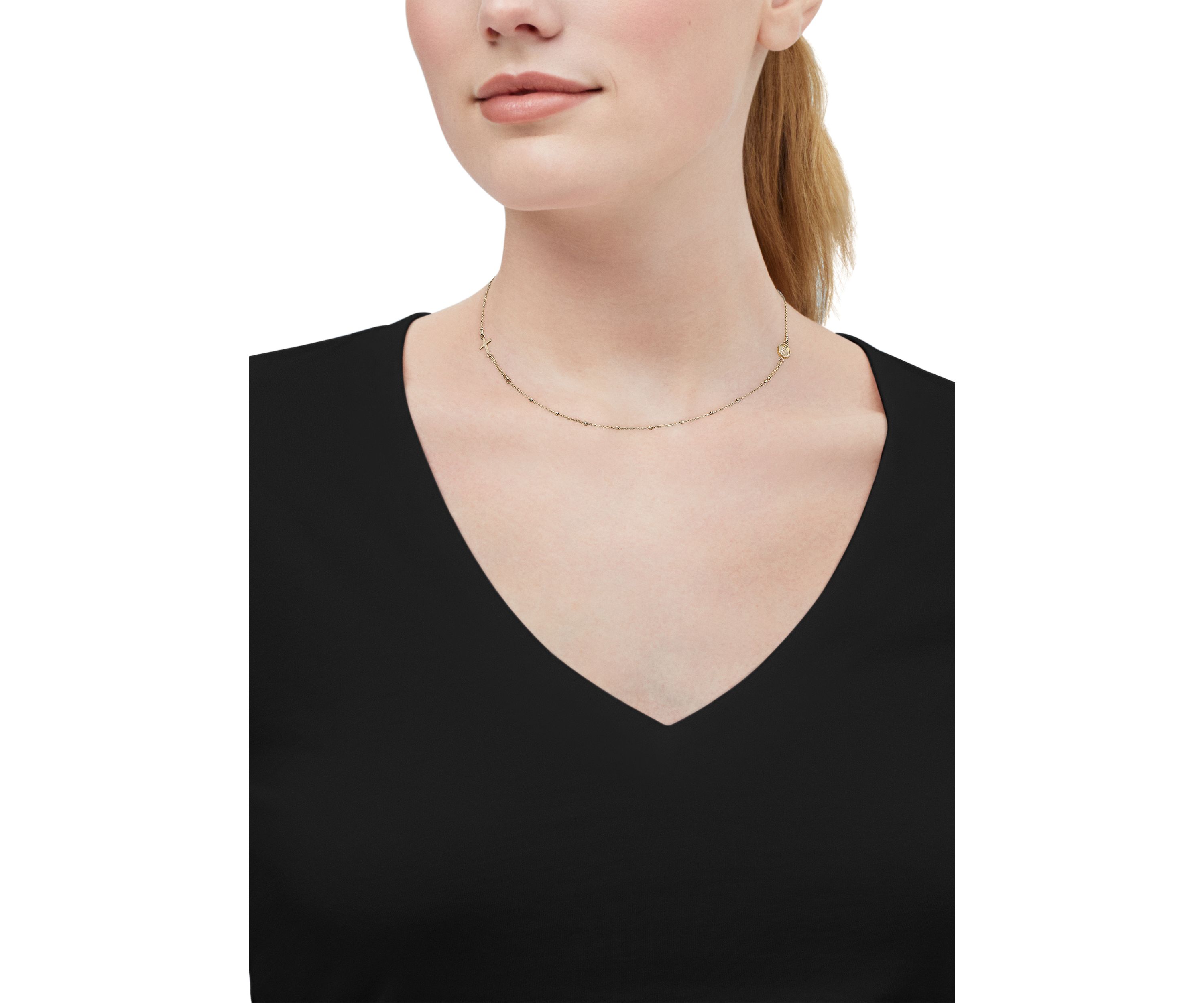 Medal and Cross Station Necklace in 10K Yellow Gold