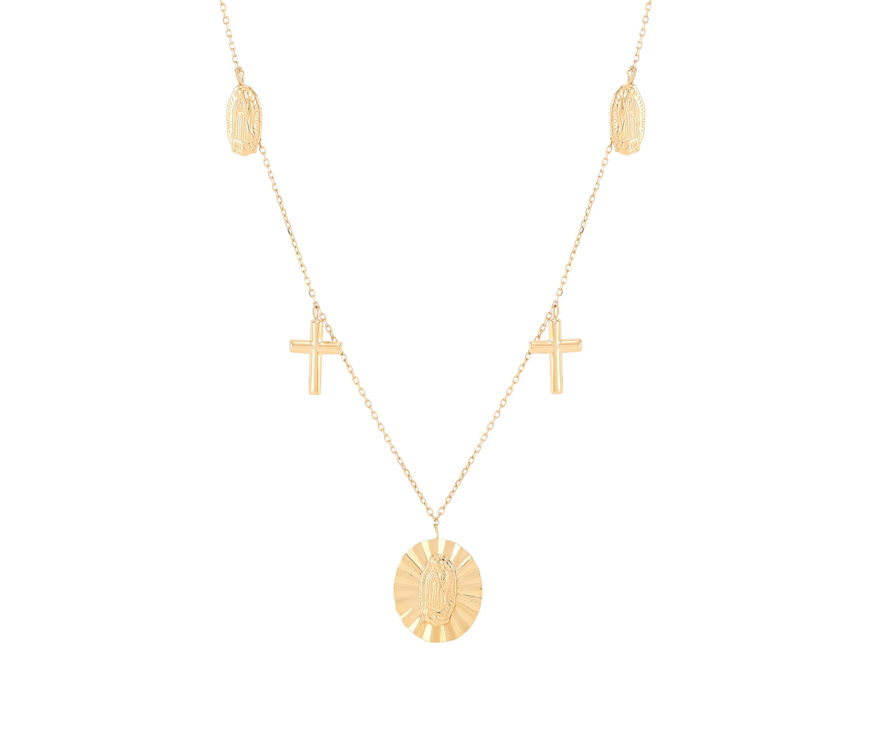 Virgin Medal and Cross Drop Necklace in 10K Yellow Gold