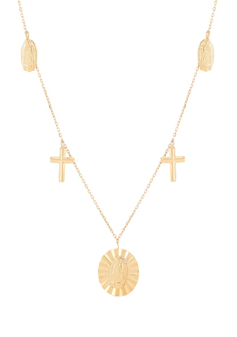 Virgin Medal and Cross Drop Necklace in 10K Yellow Gold