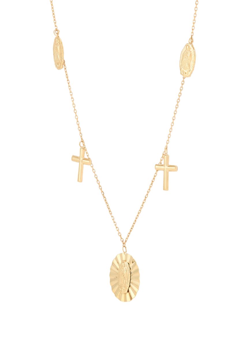 Virgin Medal and Cross Drop Necklace in 10K Yellow Gold