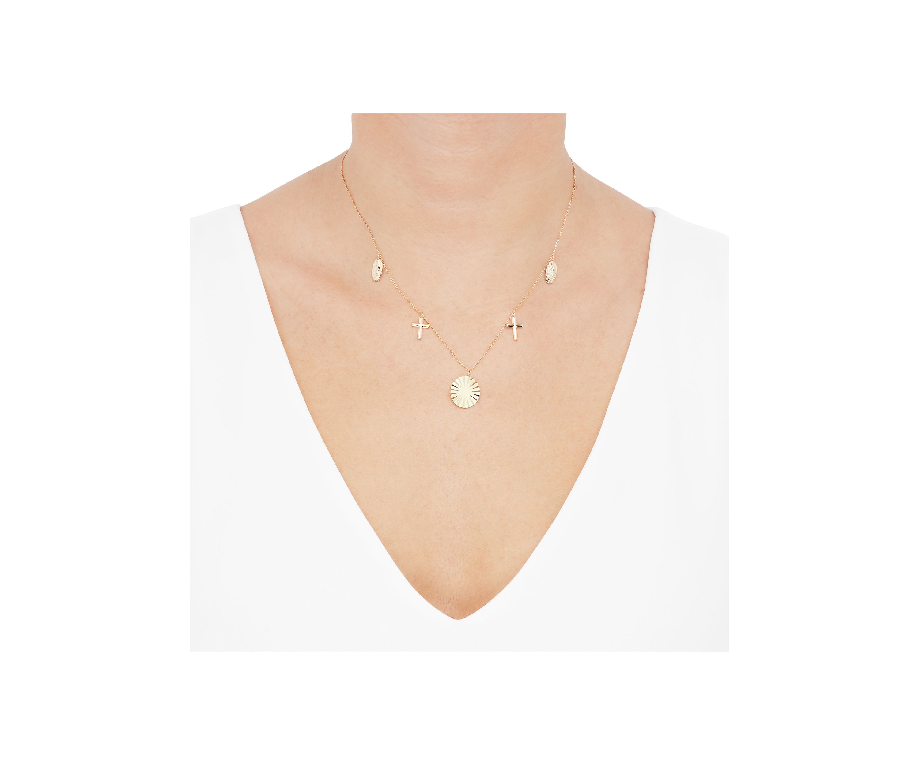 Virgin Medal and Cross Drop Necklace in 10K Yellow Gold