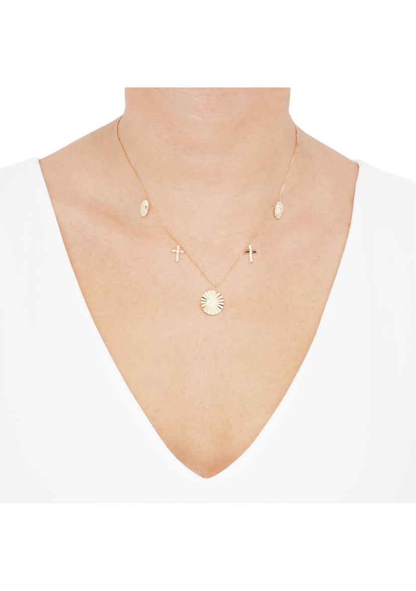 Virgin Medal and Cross Drop Necklace in 10K Yellow Gold
