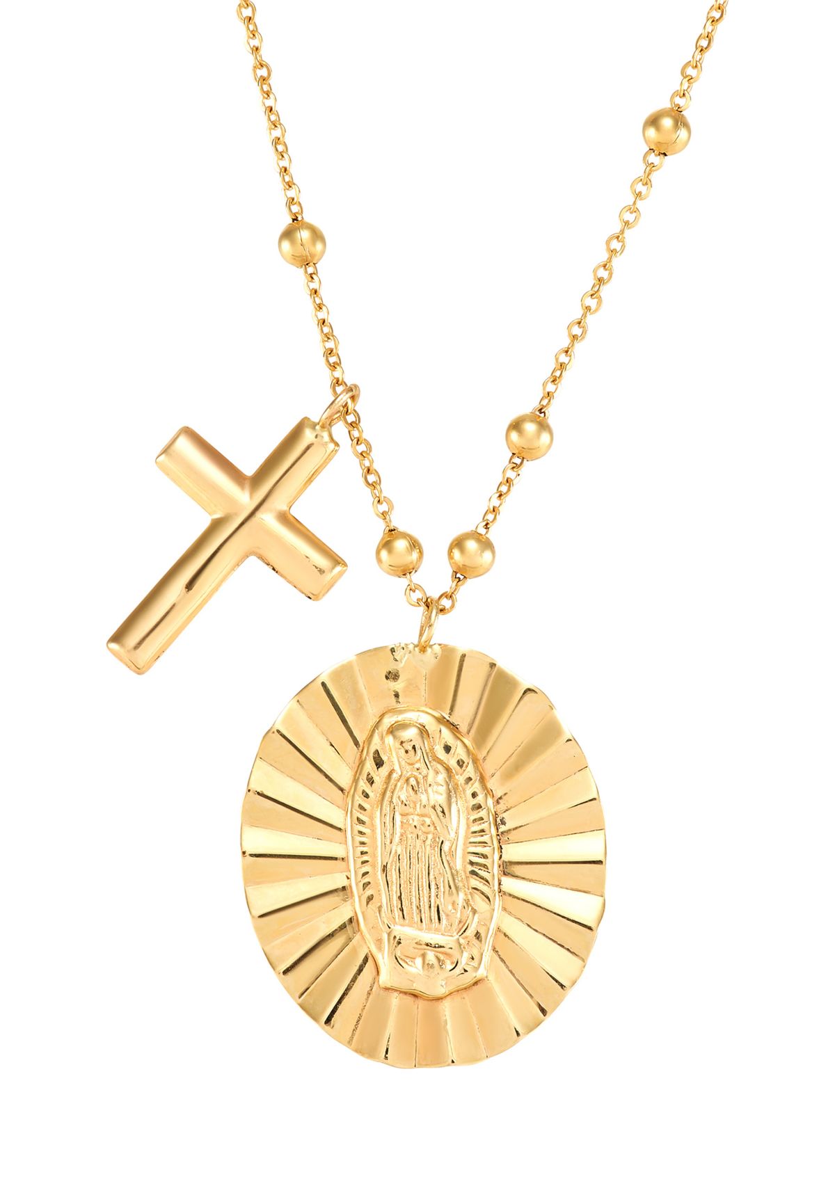 Virgin Mary Medal and Cross Pendant witth 18" Saturn Chain Necklace in 10K Yellow Gold