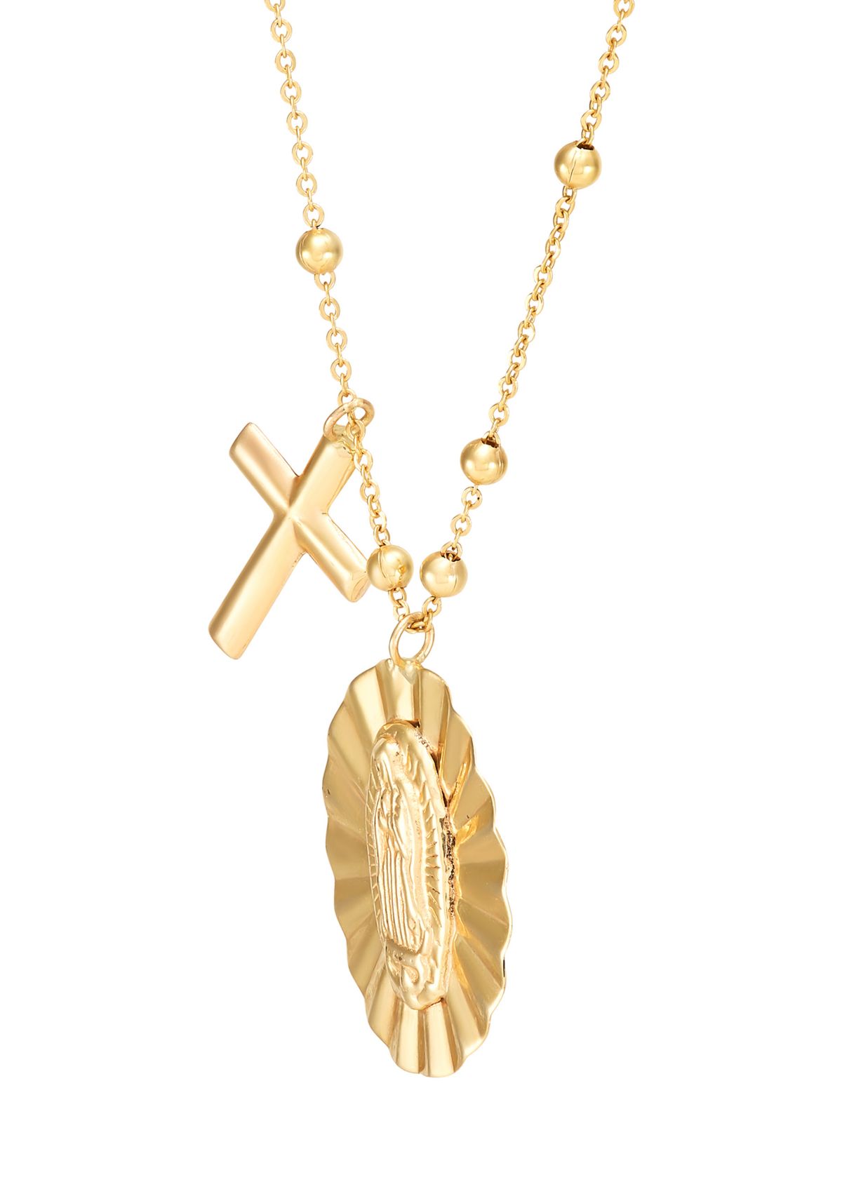 Virgin Mary Medal and Cross Pendant witth 18" Saturn Chain Necklace in 10K Yellow Gold