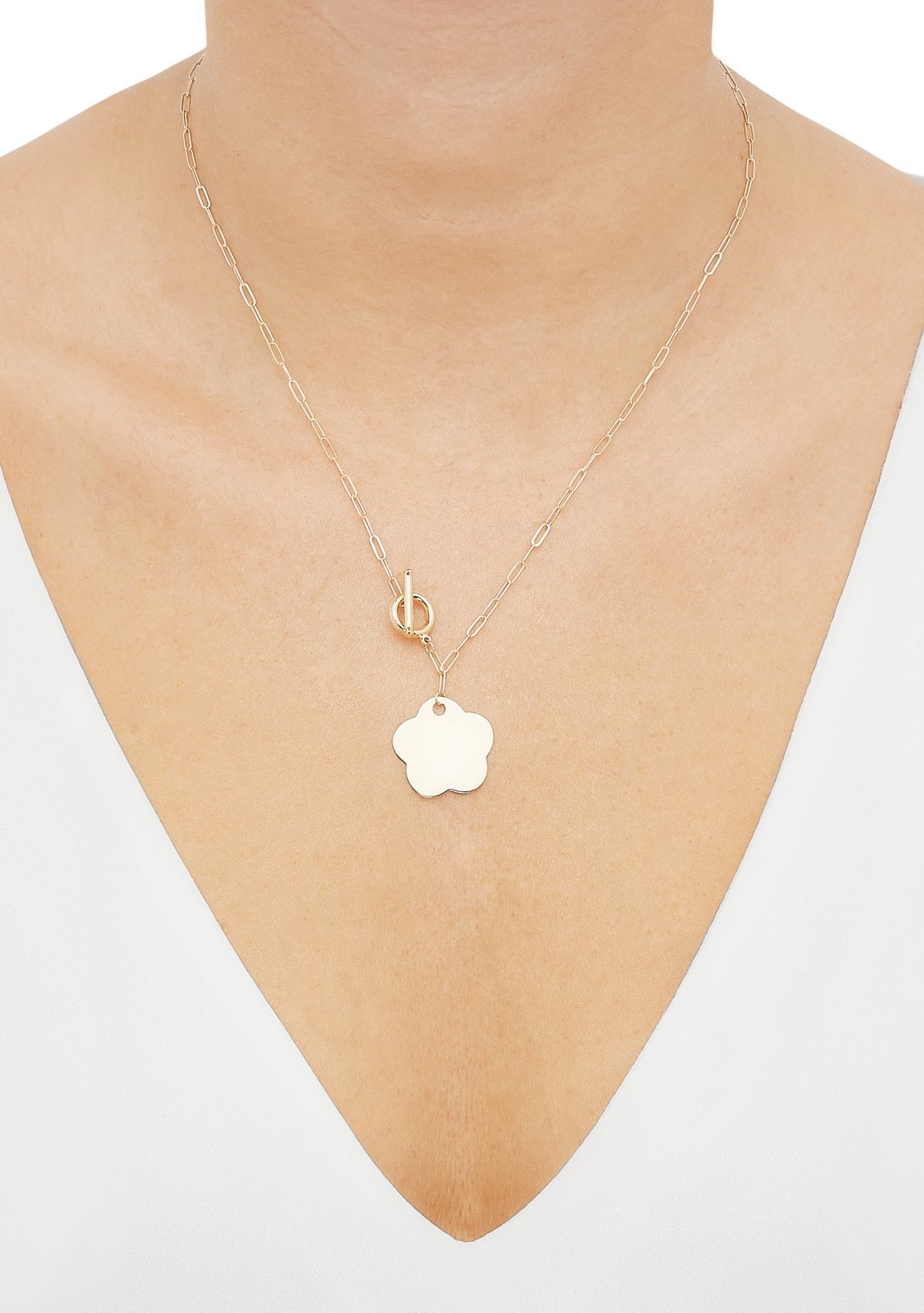 Flower on Paperclip Chain Necklace in 10K Yellow Gold