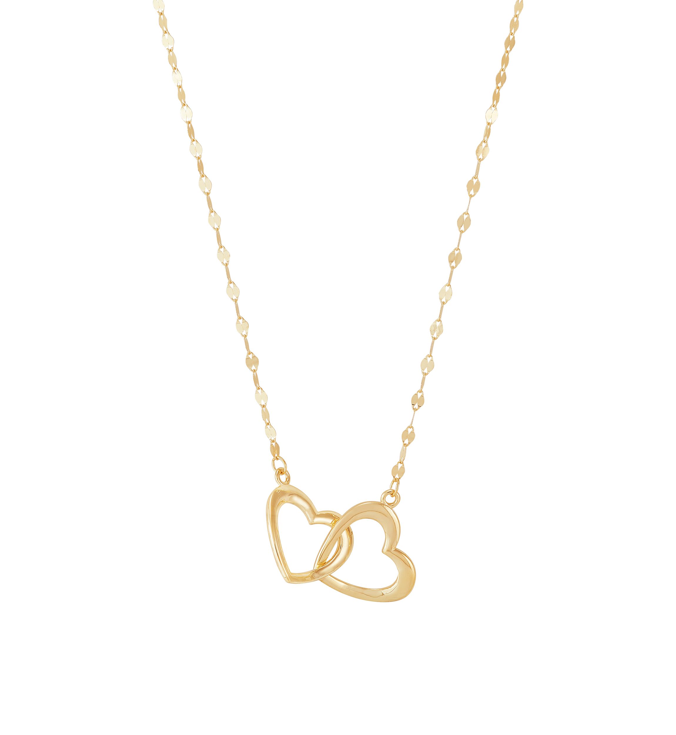 Two Heart Interlock Mirror Chain Necklace in 10K Yellow Gold