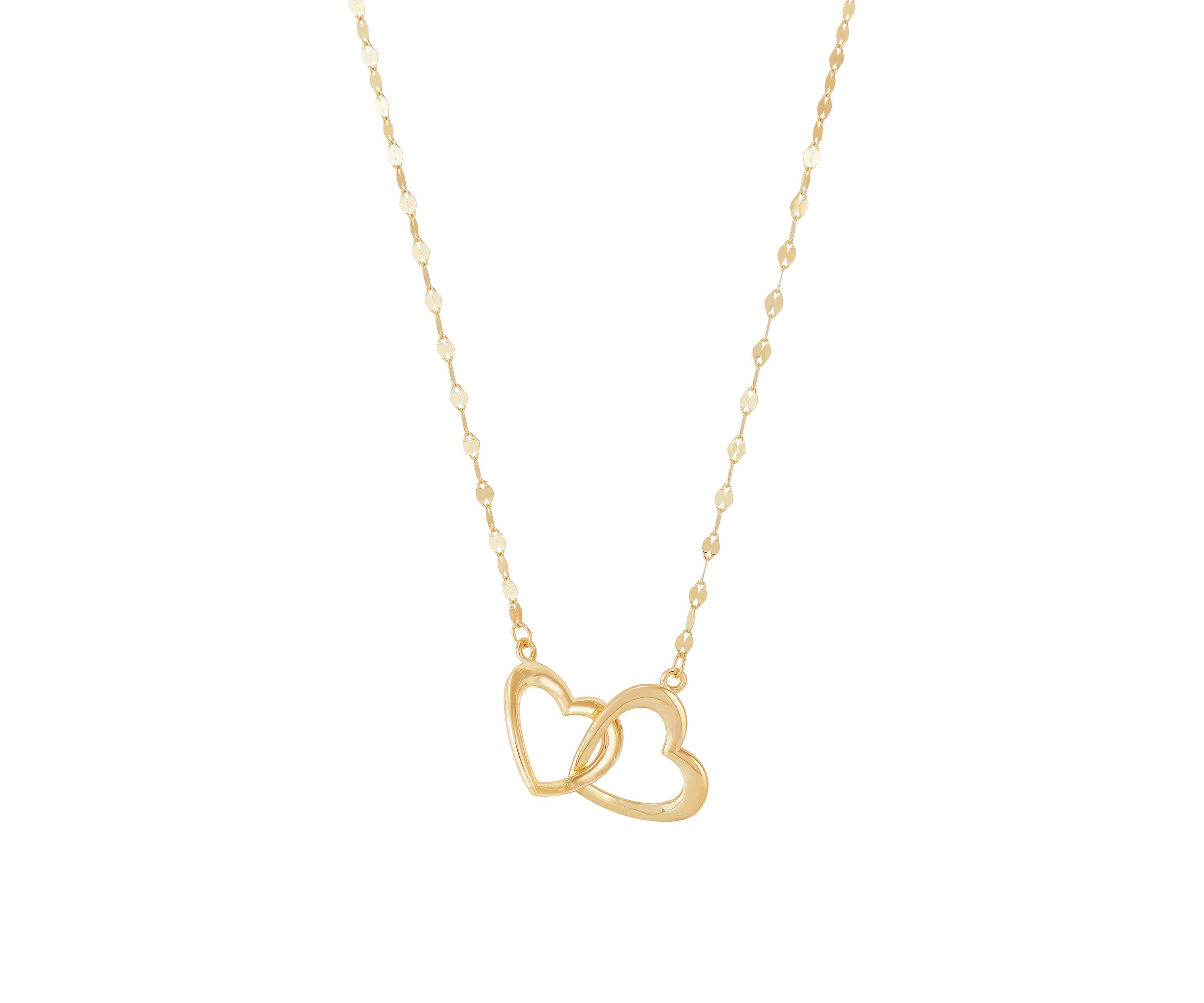 Two Heart Interlock Mirror Chain Necklace in 10K Yellow Gold
