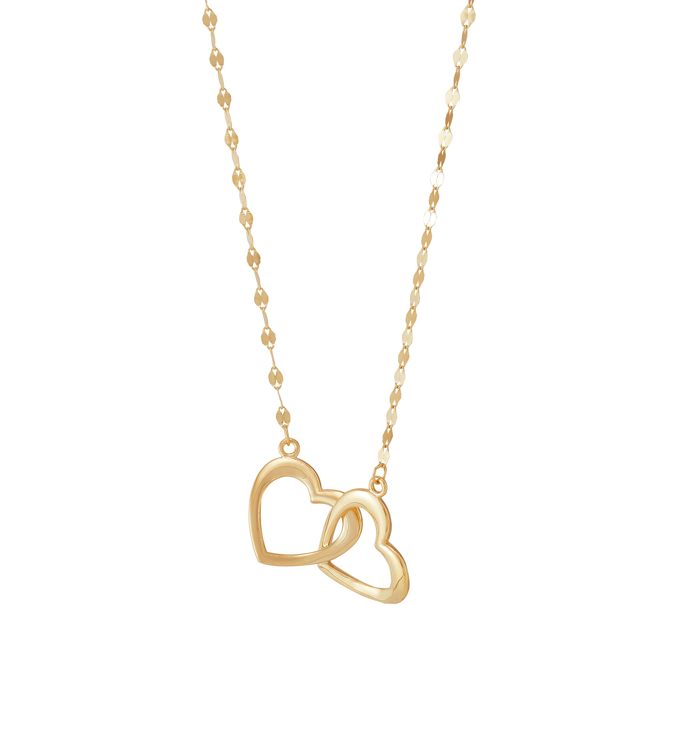 Two Heart Interlock Mirror Chain Necklace in 10K Yellow Gold