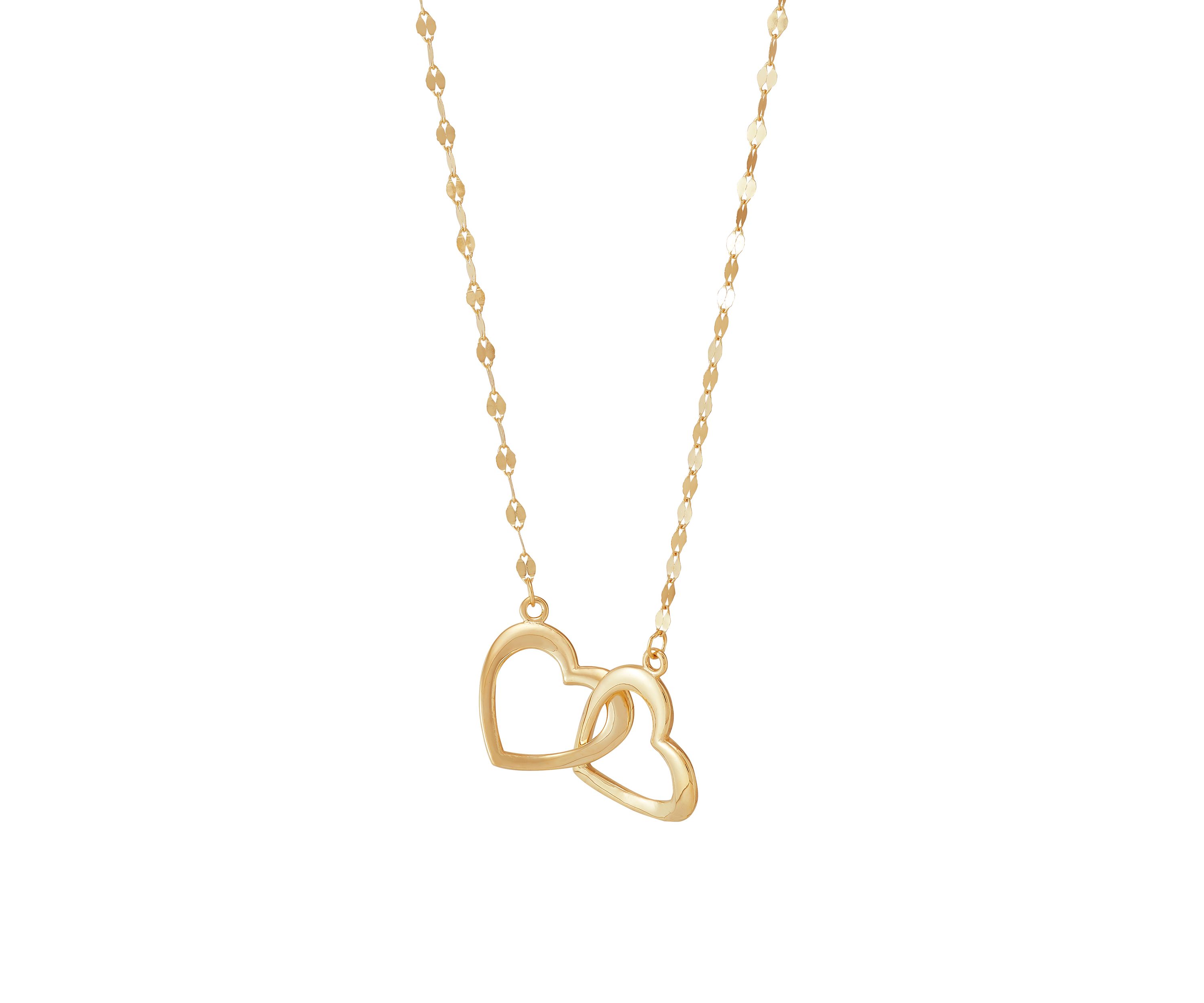 Two Heart Interlock Mirror Chain Necklace in 10K Yellow Gold