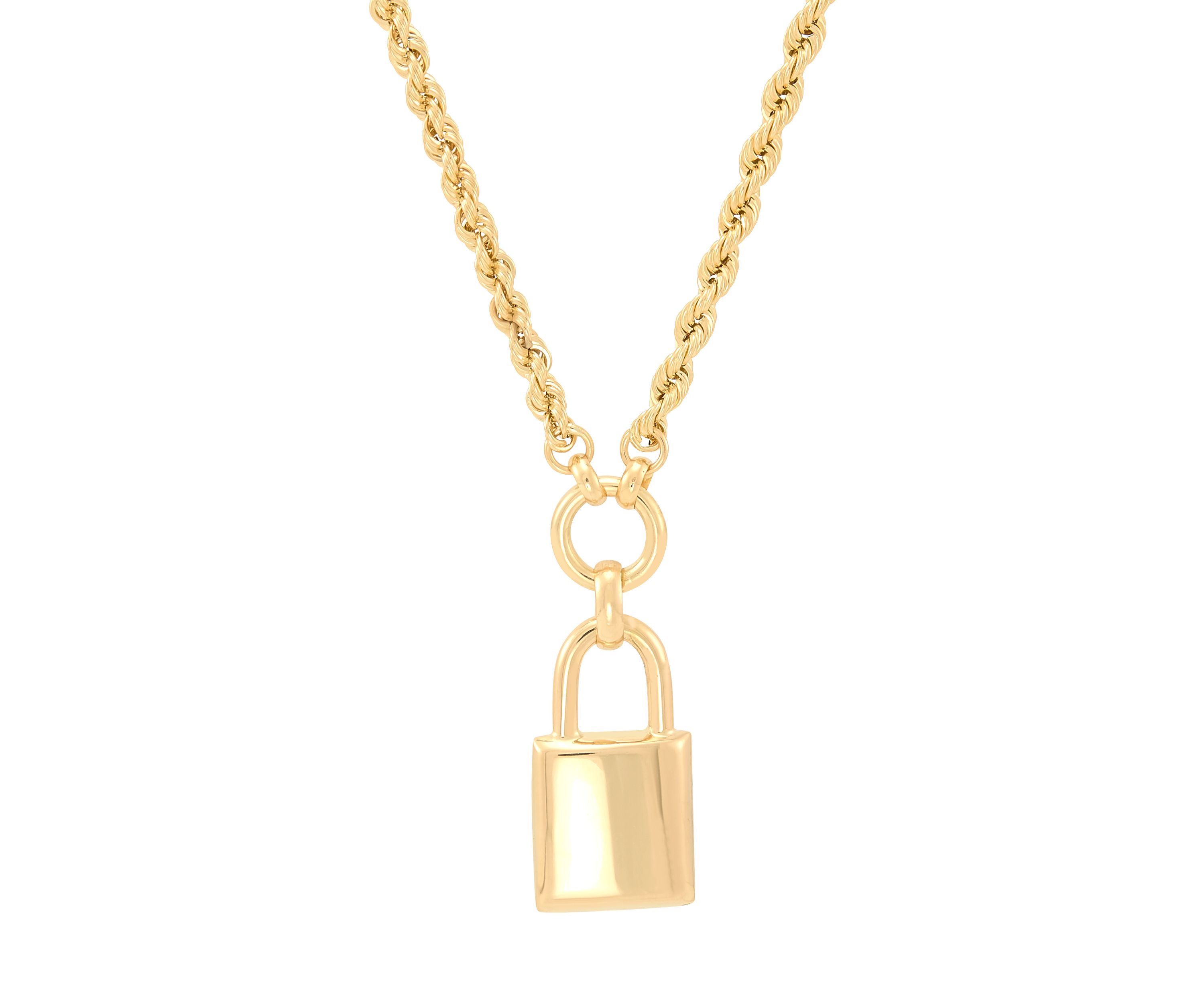 Hollow Rope Chain with Padlock Necklace in 10K Yellow Gold