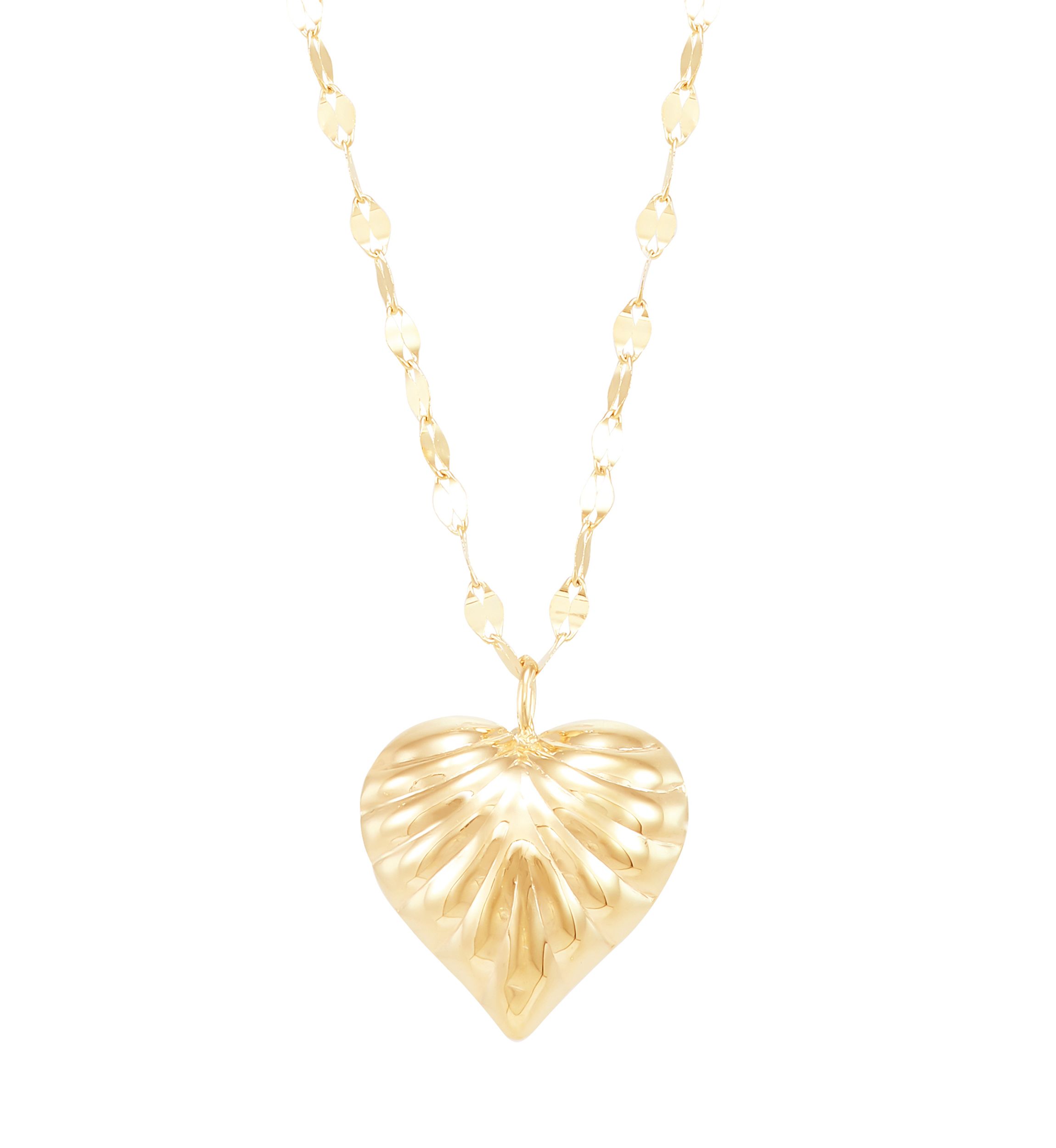 Ribbed Heart on Mirror Chain Necklace in 10K Yellow Gold