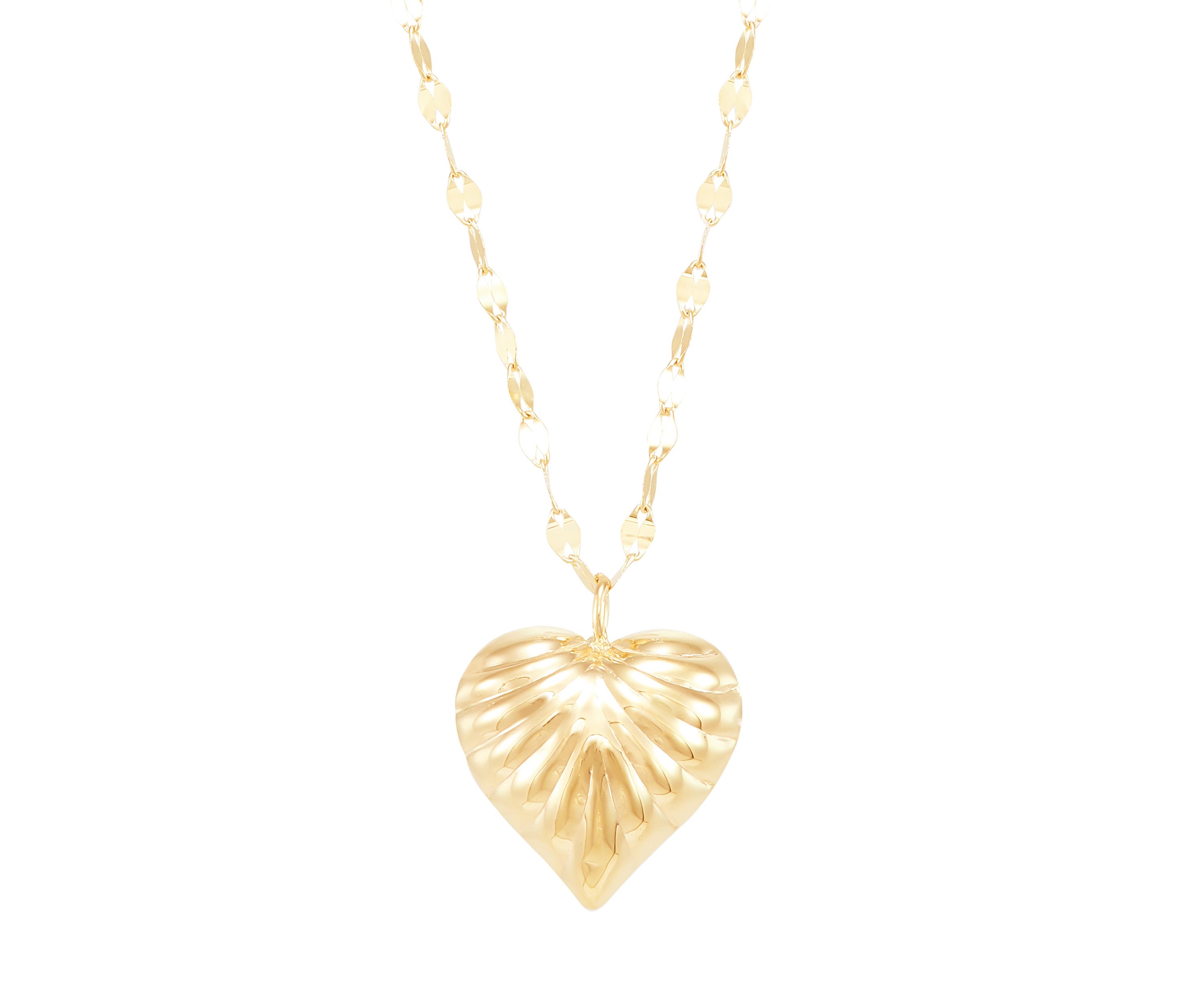 Ribbed Heart on Mirror Chain Necklace in 10K Yellow Gold