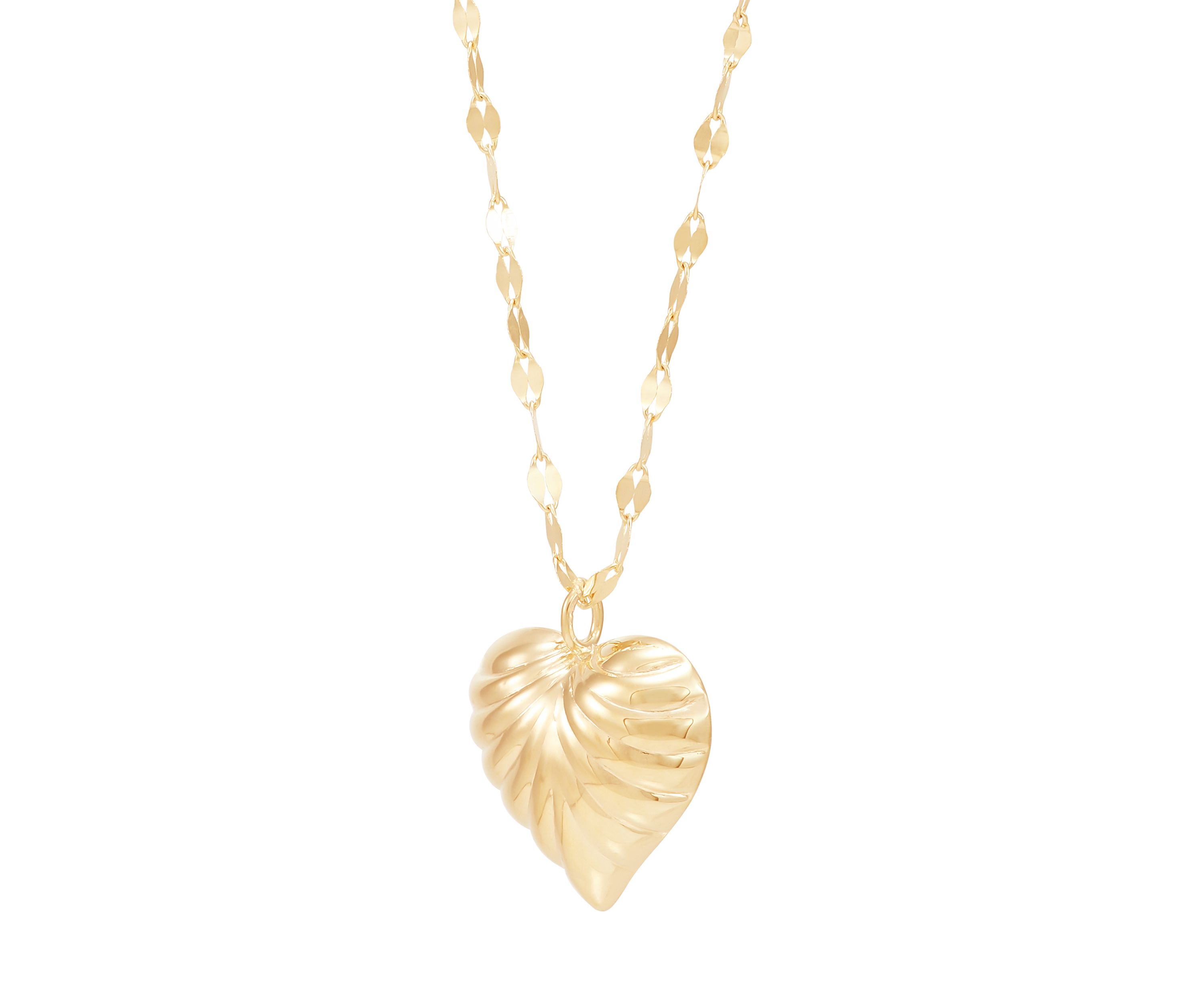 Ribbed Heart on Mirror Chain Necklace in 10K Yellow Gold