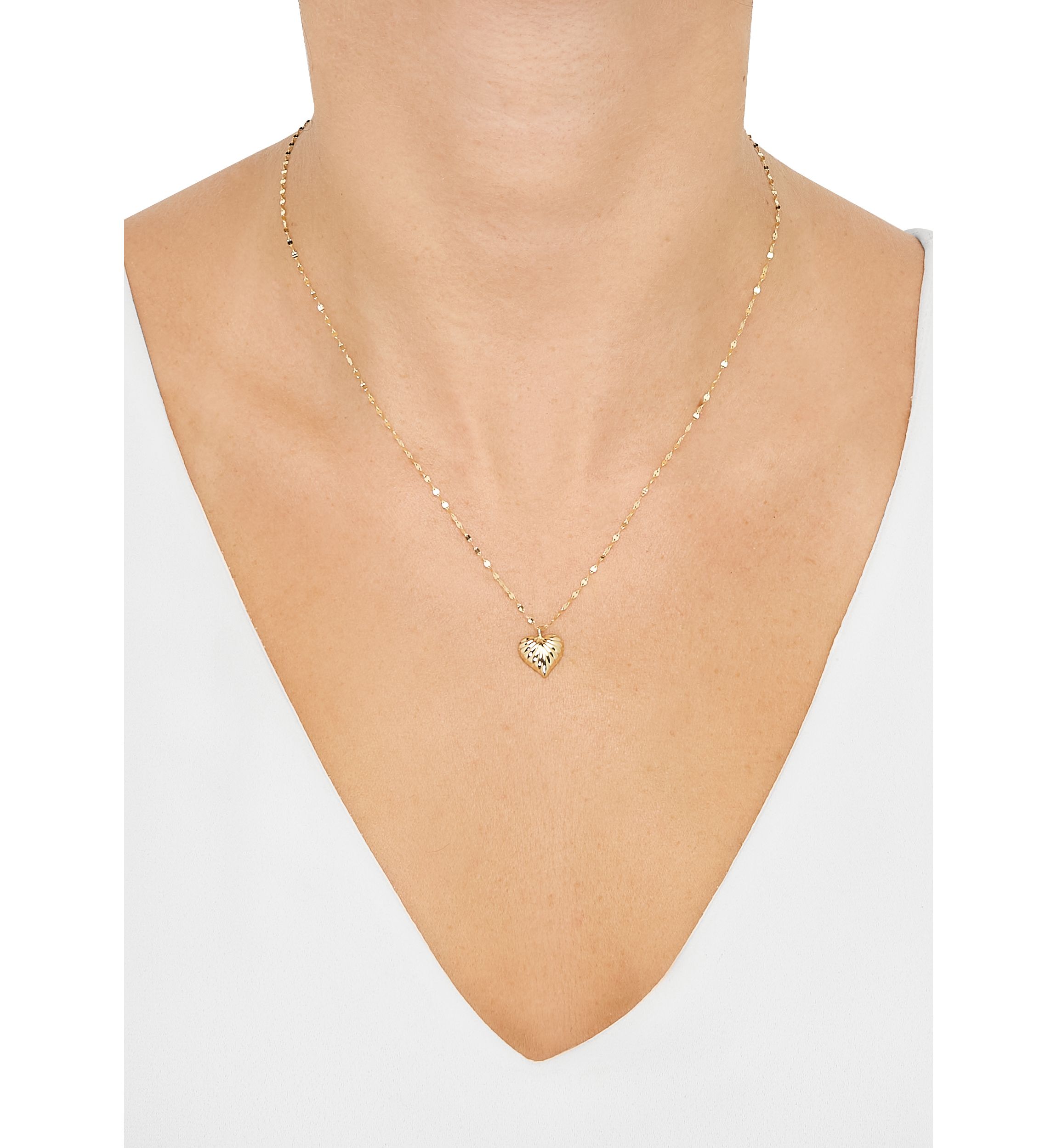 Ribbed Heart on Mirror Chain Necklace in 10K Yellow Gold