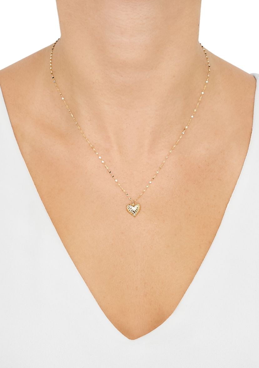 Ribbed Heart on Mirror Chain Necklace in 10K Yellow Gold