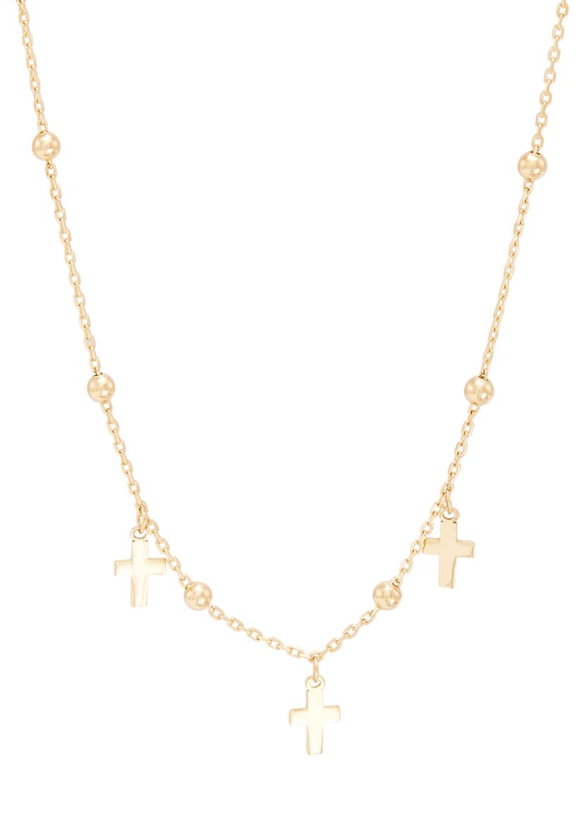 Bead and Cross Station Necklace in 10K Yellow Gold
