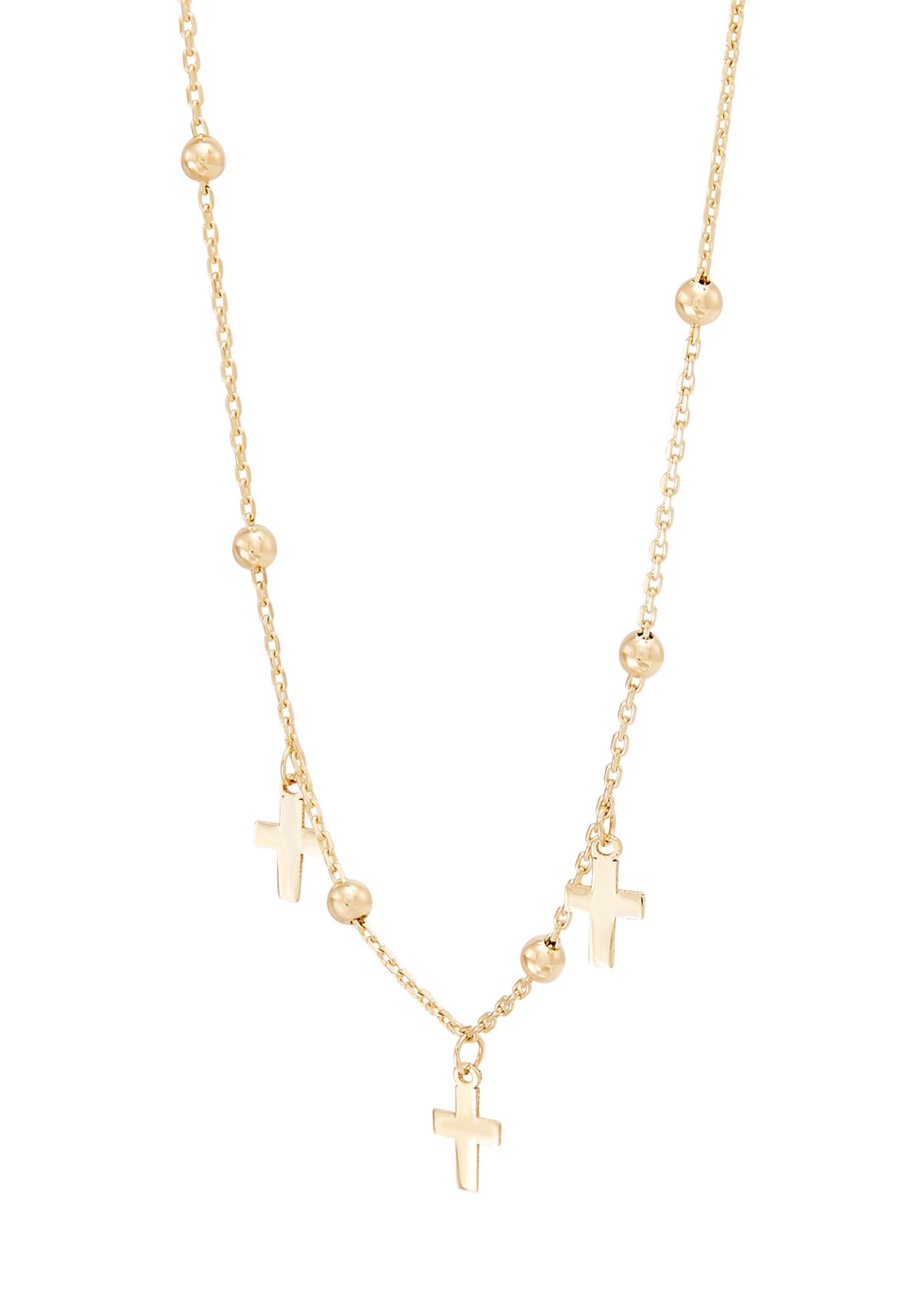 Bead and Cross Station Necklace in 10K Yellow Gold
