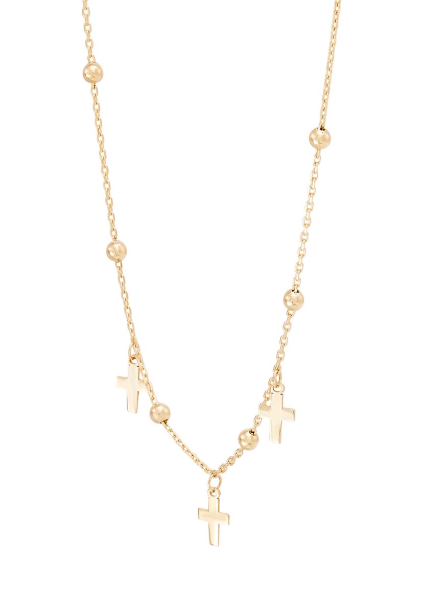 Bead and Cross Station Necklace in 10K Yellow Gold